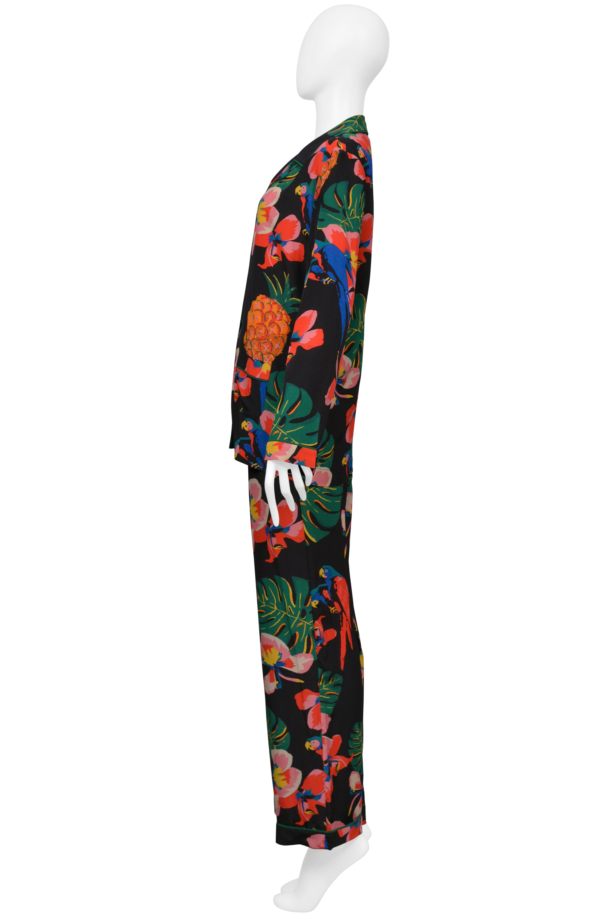 VALENTINO BLACK WITH TROPICAL PRINT SILK PAJAMA SHIRT AND PANTS ENSEMBLE