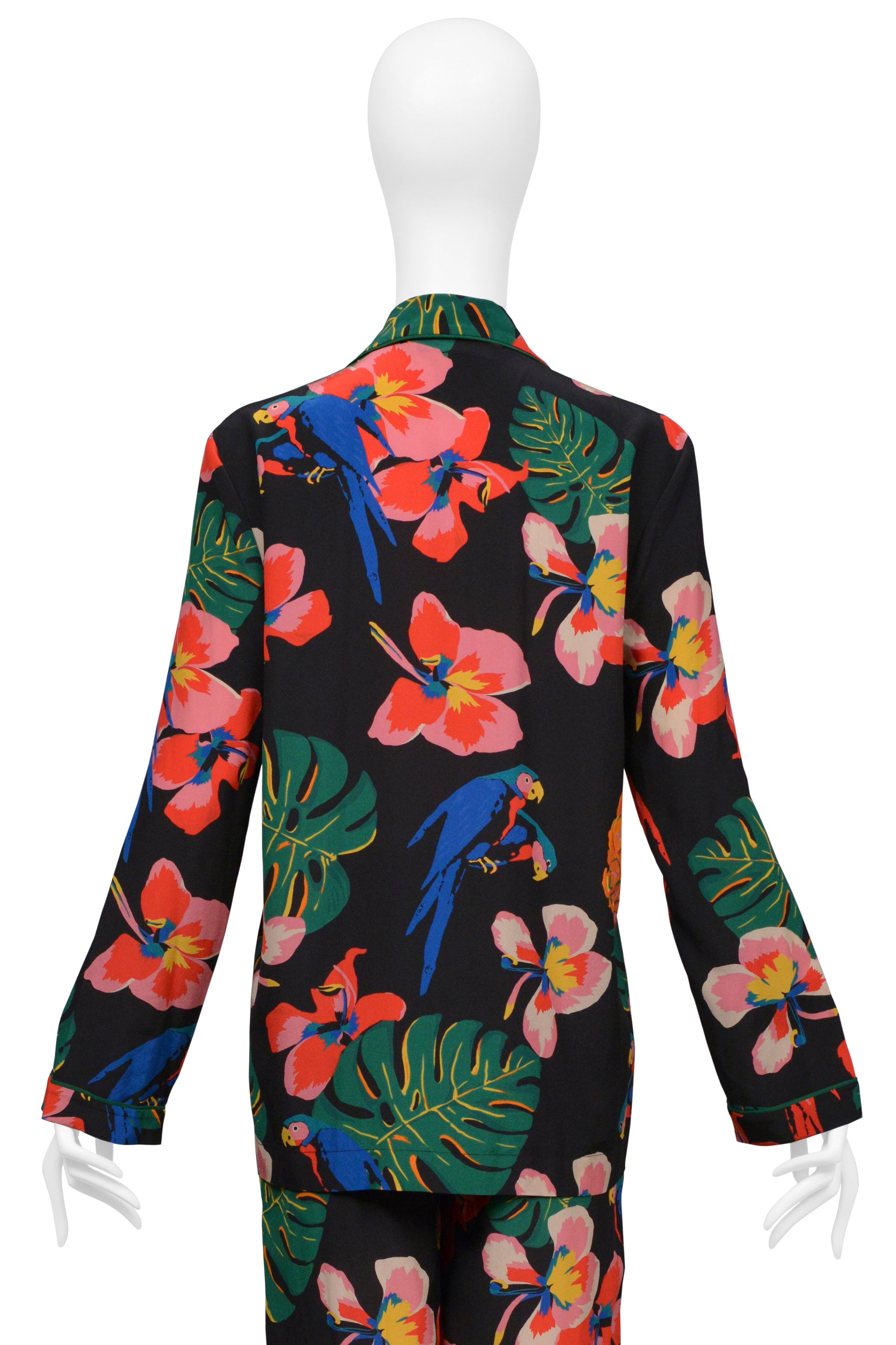 VALENTINO BLACK WITH TROPICAL PRINT SILK PAJAMA SHIRT AND PANTS ENSEMBLE