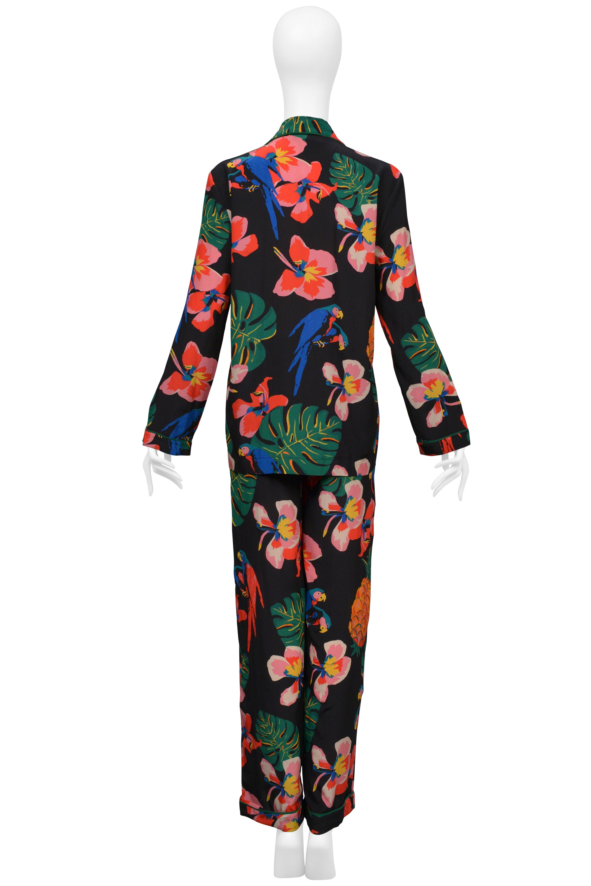VALENTINO BLACK WITH TROPICAL PRINT SILK PAJAMA SHIRT AND PANTS ENSEMBLE