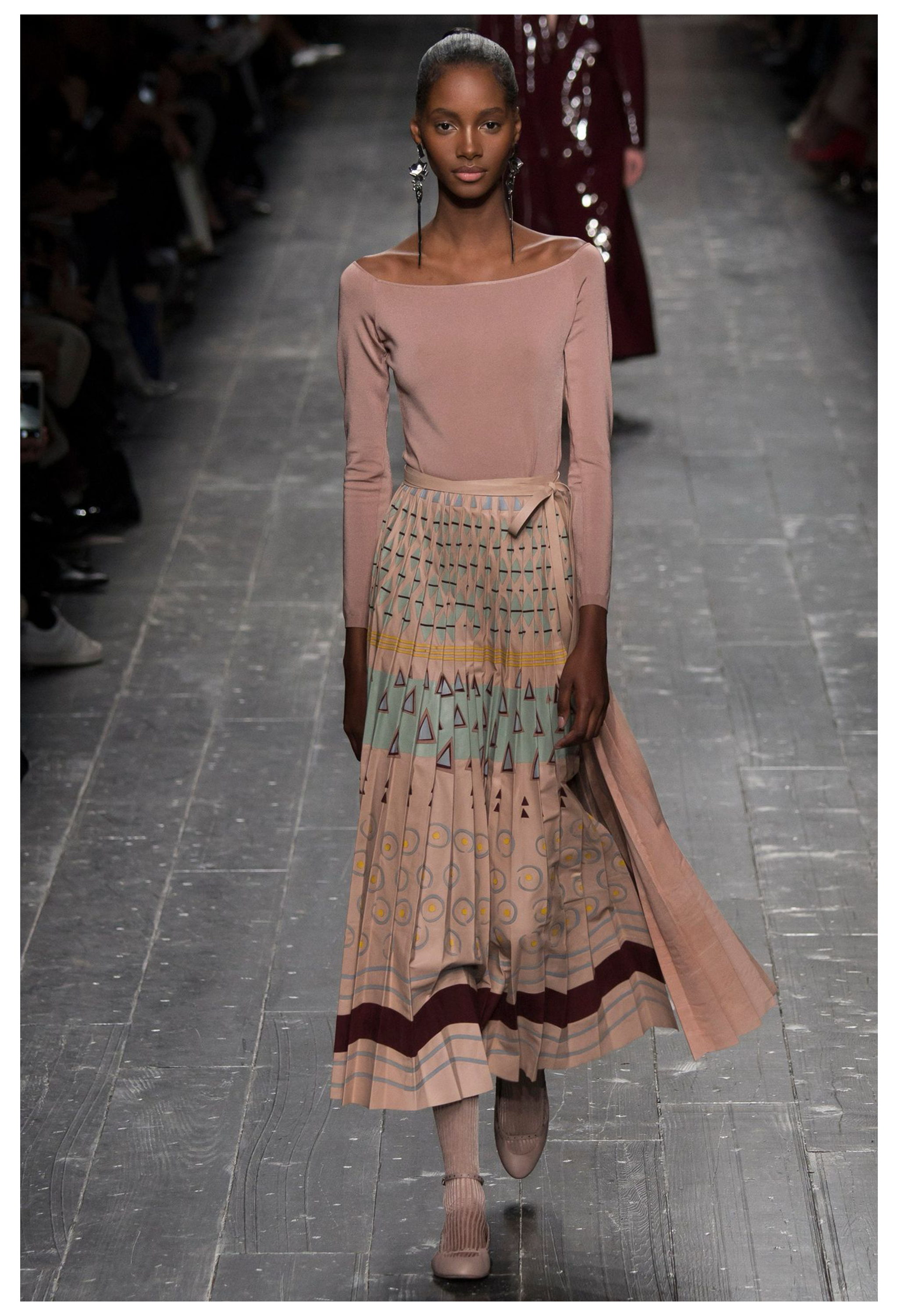 VALENTINO BROWN LEATHER SKIRT WITH PAINTED GEOMETRIC PRINT AND APPLIQUES 2016