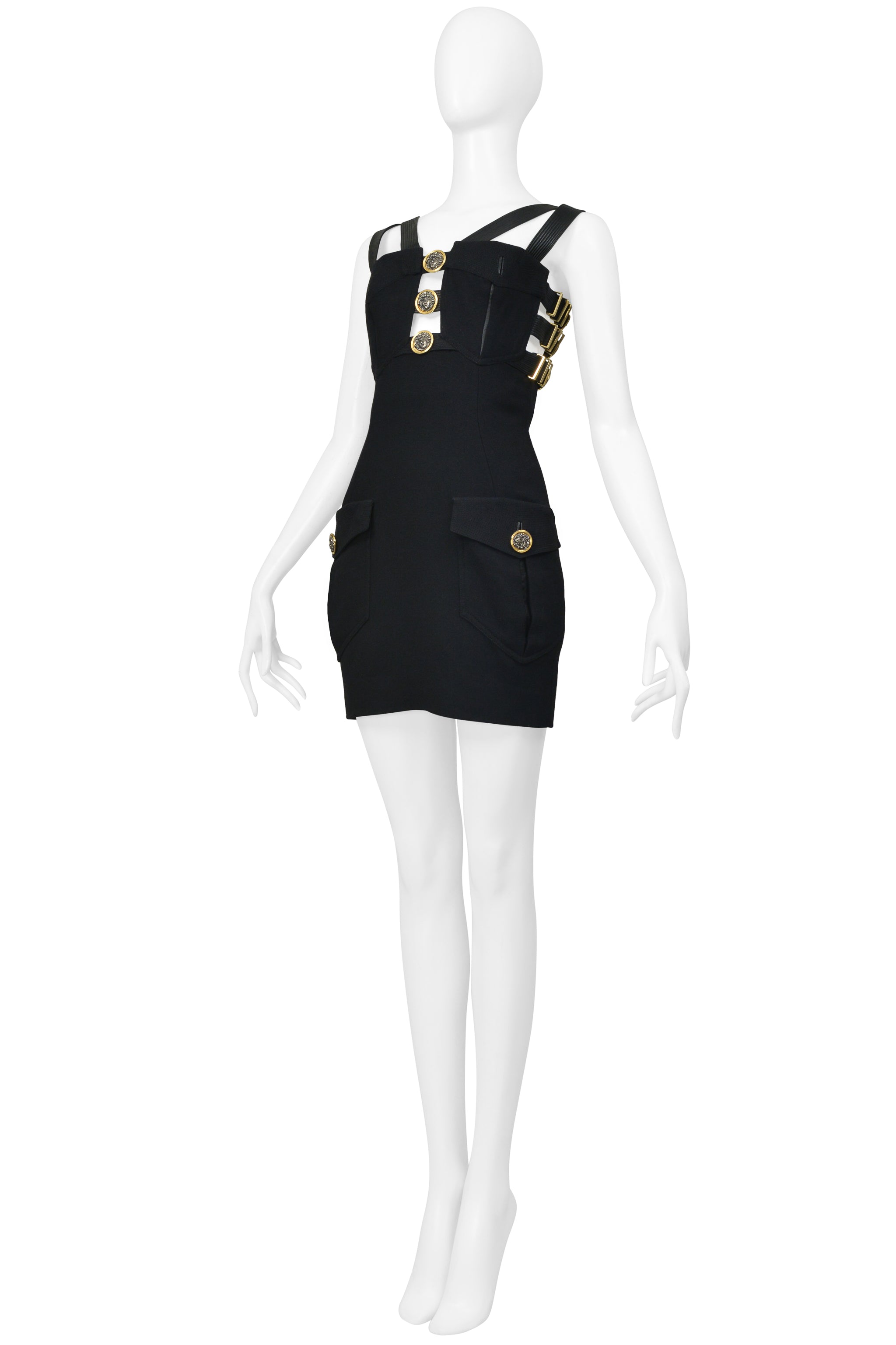 VERSACE BLACK BONDAGE DRESS W GOLD HARDWARE 1992