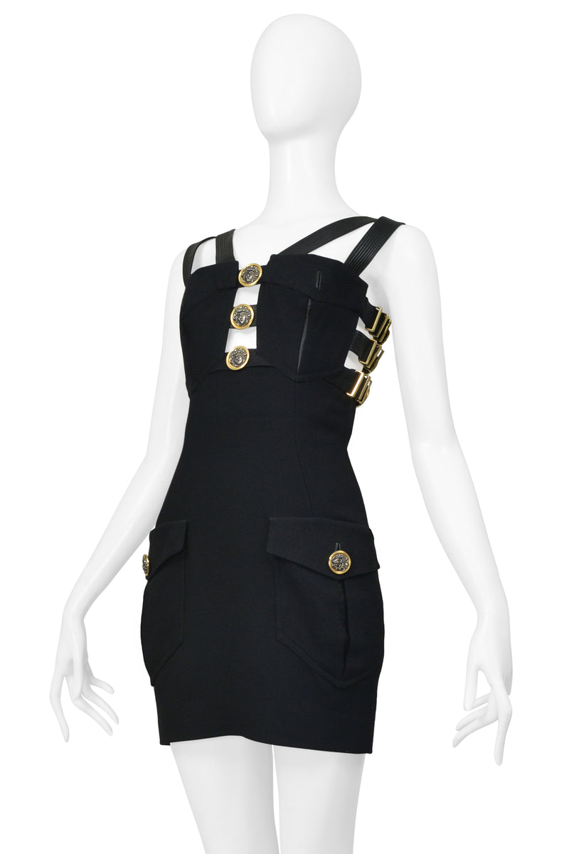 VERSACE BLACK BONDAGE DRESS W GOLD HARDWARE 1992