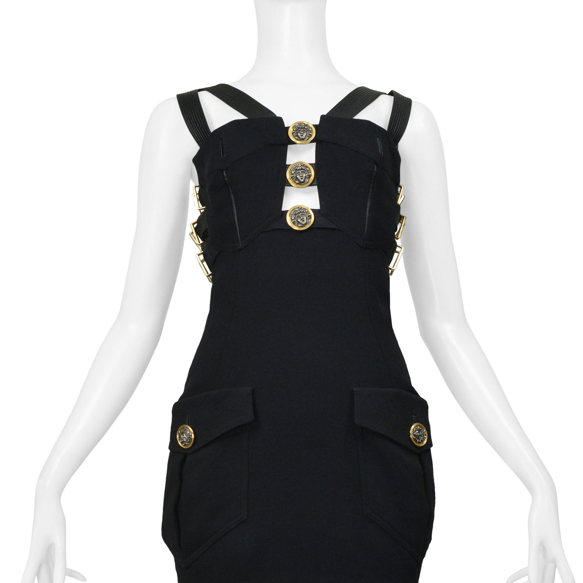 slim fit dress slacks VERSACE BLACK BONDAGE DRESS W GOLD HARDWARE 1992