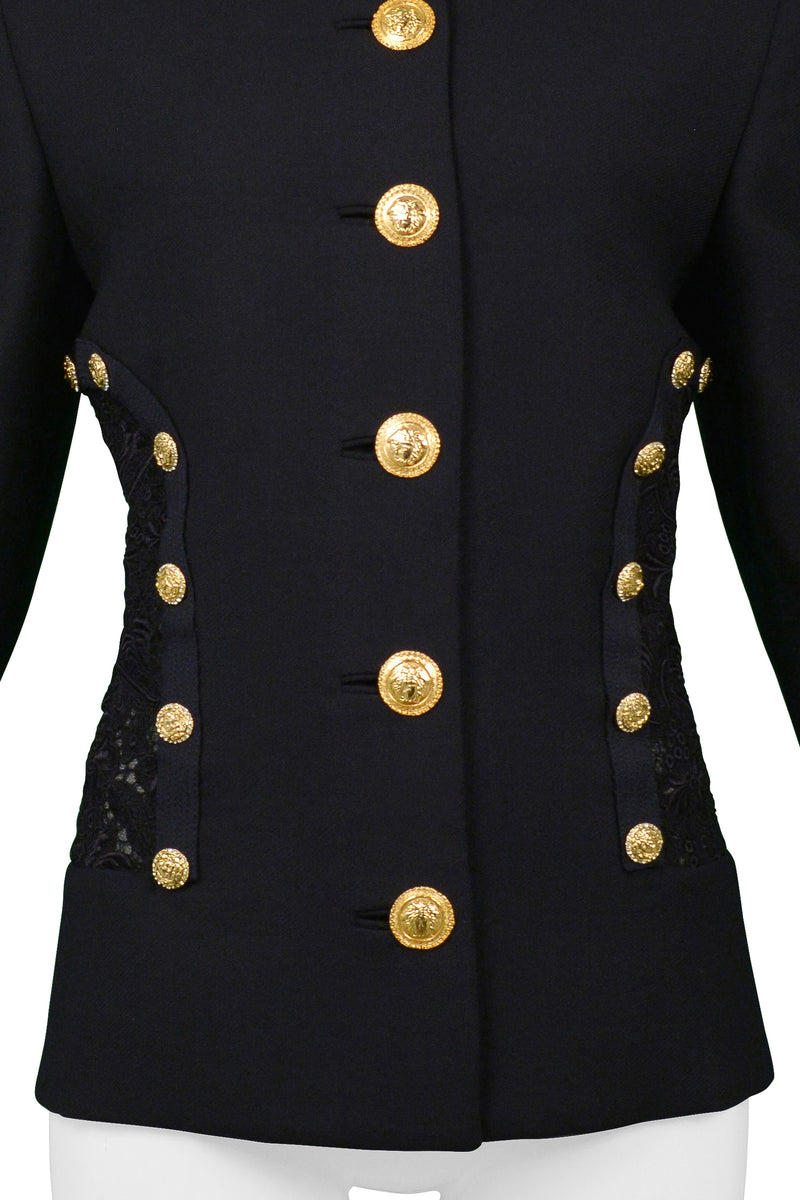 VERSACE  NAVY BLAZER JACKET WITH LACE BACK & GOLD BUTTONS SS 1992