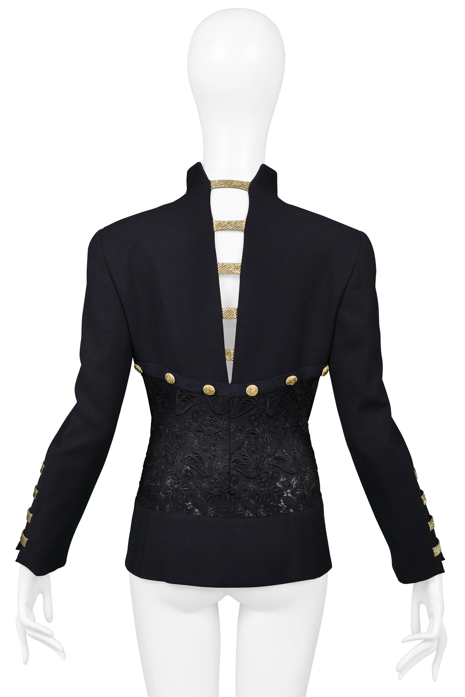VERSACE NAVY BLAZER JACKET WITH LACE BACK & GOLD BUTTONS SS 1992