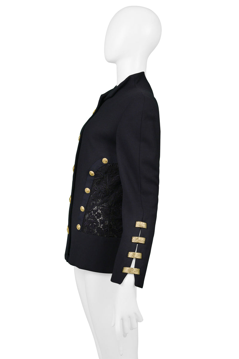 VERSACE  NAVY BLAZER JACKET WITH LACE BACK & GOLD BUTTONS SS 1992