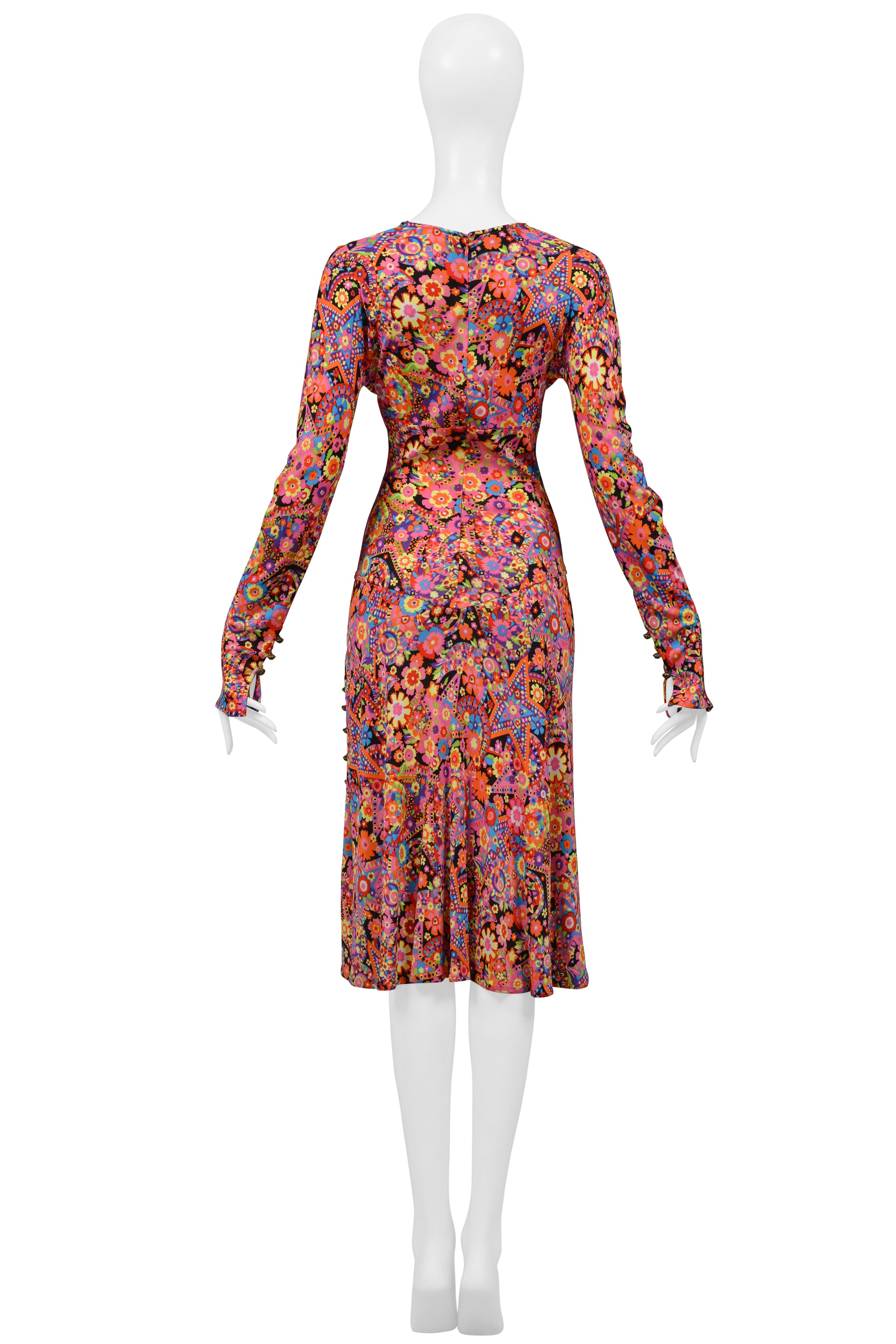 VERSACE MULTICOLOR FLORAL PRINT DAY DRESS WITH PLUNGING NECKLINE 2002