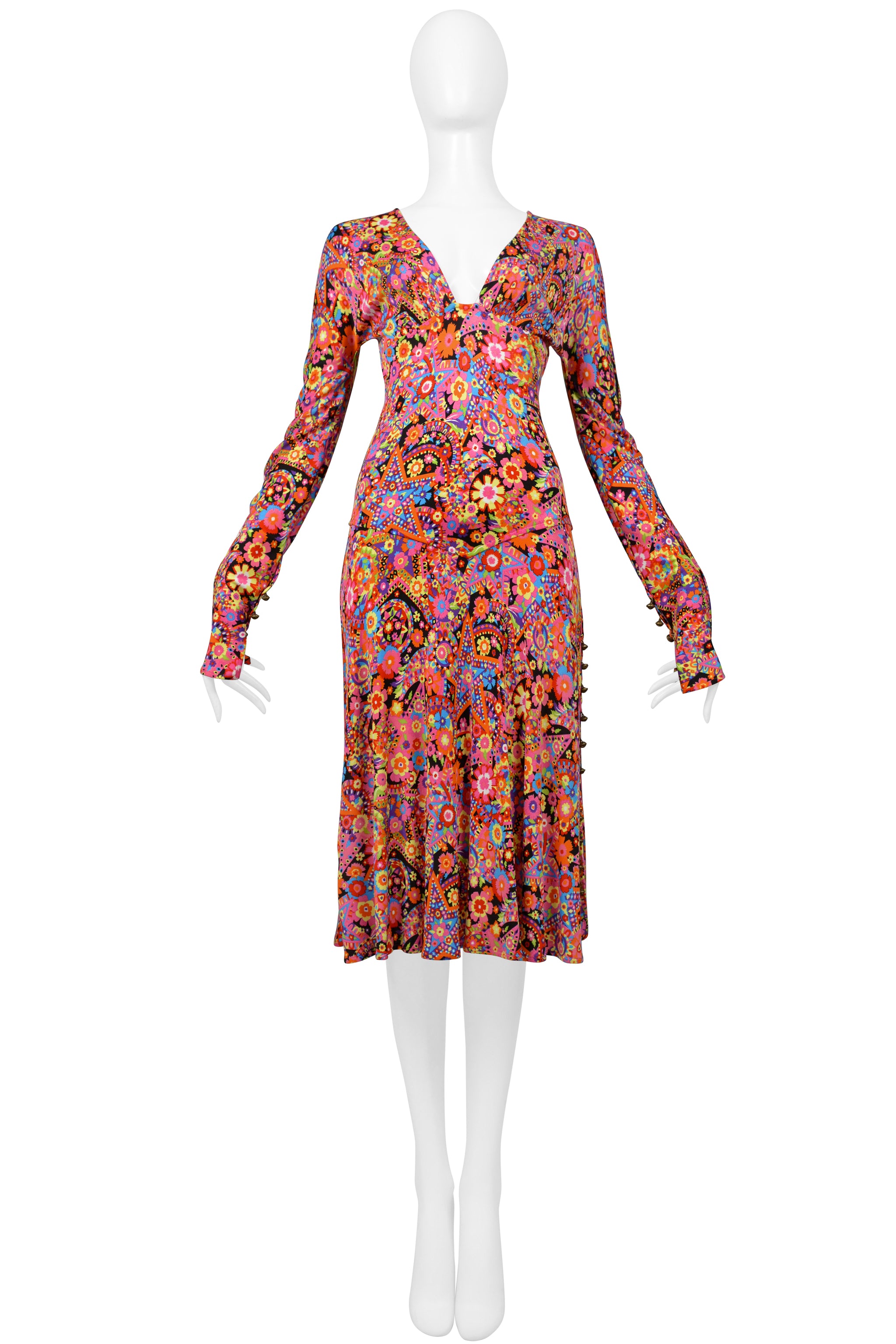 VERSACE MULTICOLOR FLORAL PRINT DAY DRESS WITH PLUNGING NECKLINE 2002