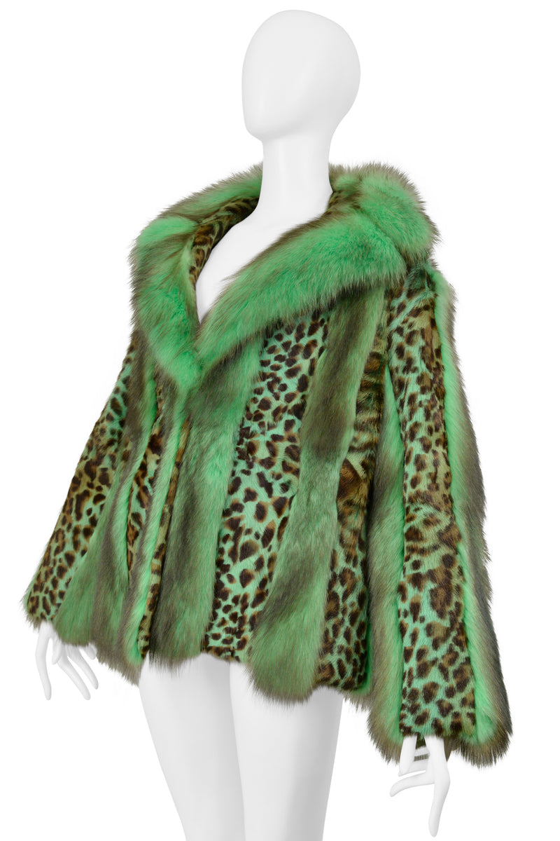 VERSACE GREEN FOX FUR AND LEOPARD PRINT COAT 2004