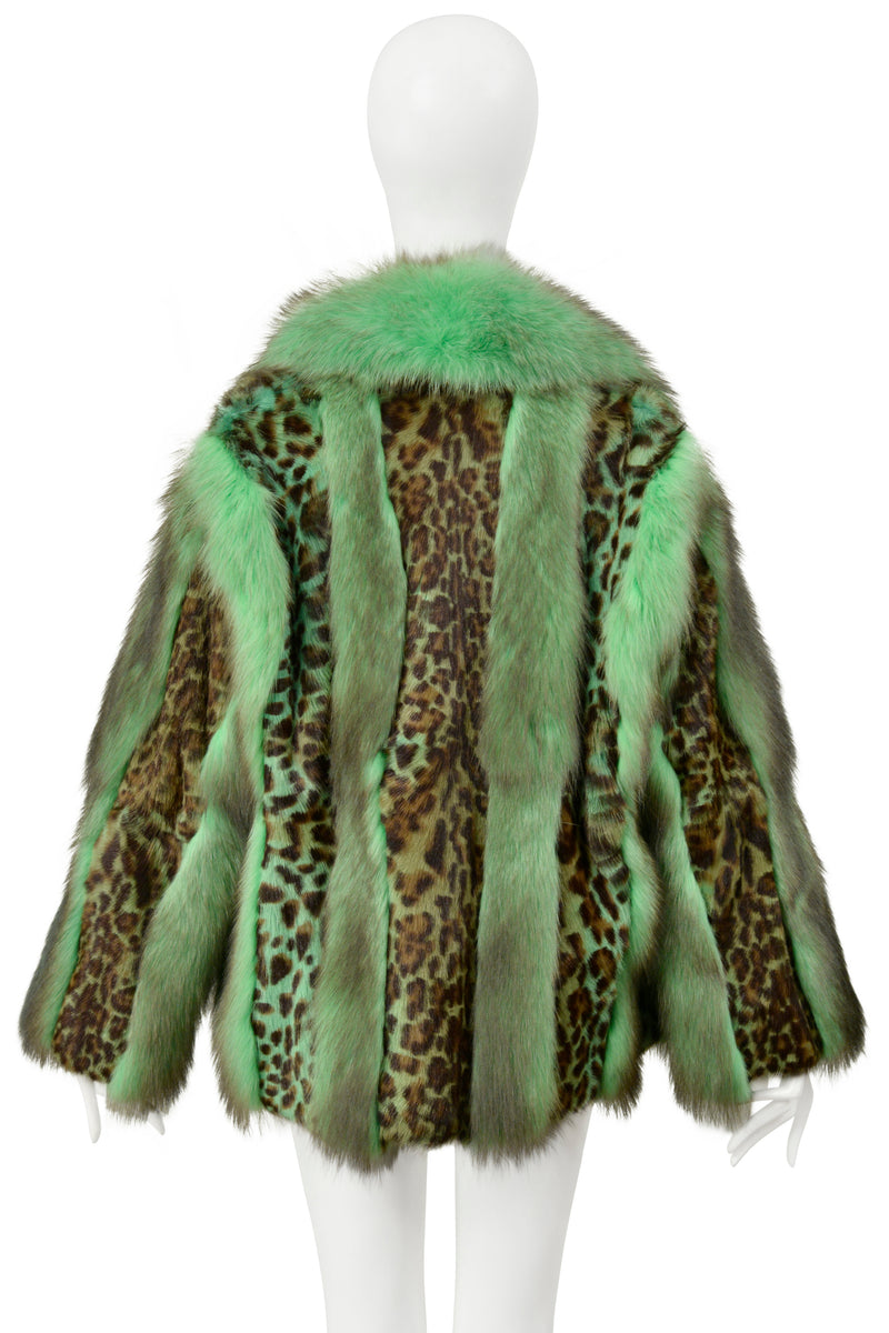 VERSACE GREEN FOX FUR AND LEOPARD PRINT COAT 2004