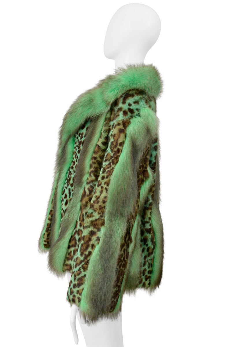 VERSACE GREEN FOX FUR AND LEOPARD PRINT COAT 2004