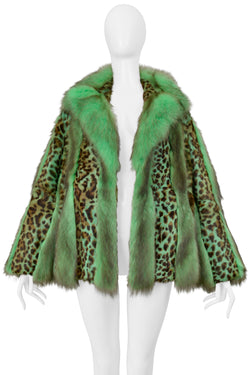 VERSACE GREEN FOX FUR AND LEOPARD PRINT COAT 2004