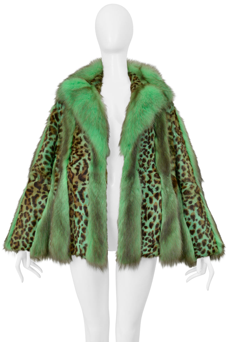 VERSACE GREEN FOX FUR AND LEOPARD PRINT COAT 2004