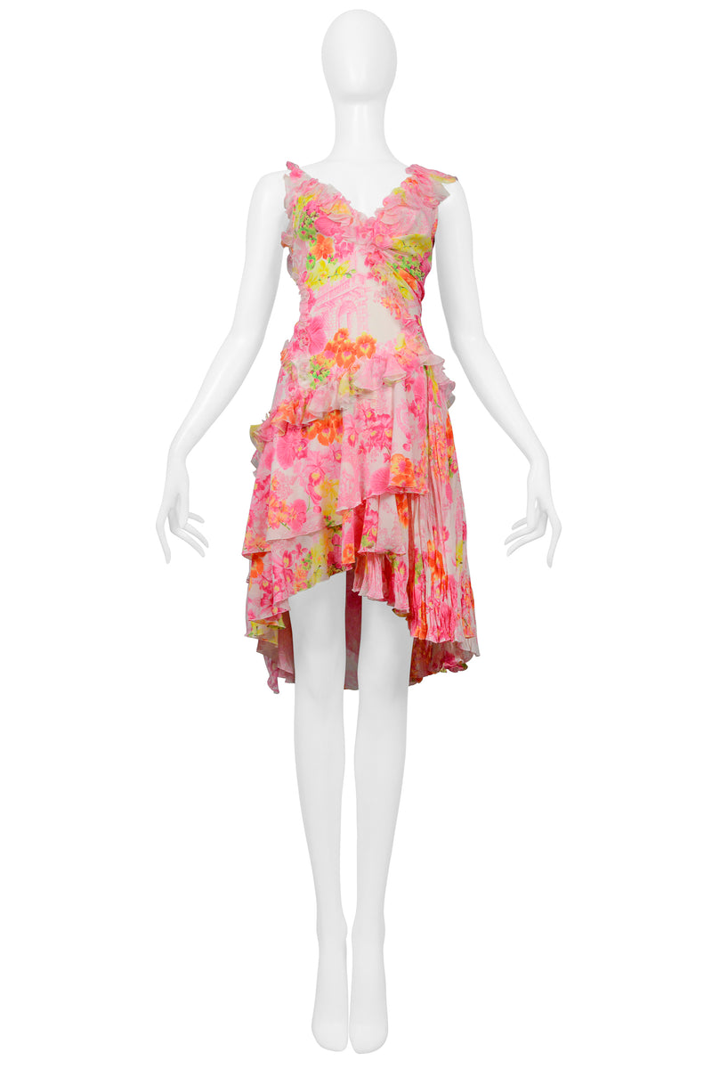 VERSACE PINK PLEATED MINI DRESS WITH RUFFLES & FLORAL PRINT 2004