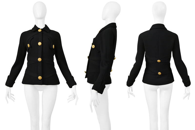 VERSACE BLACK BONDAGE JACKET WITH GOLD BUTTONS 1992