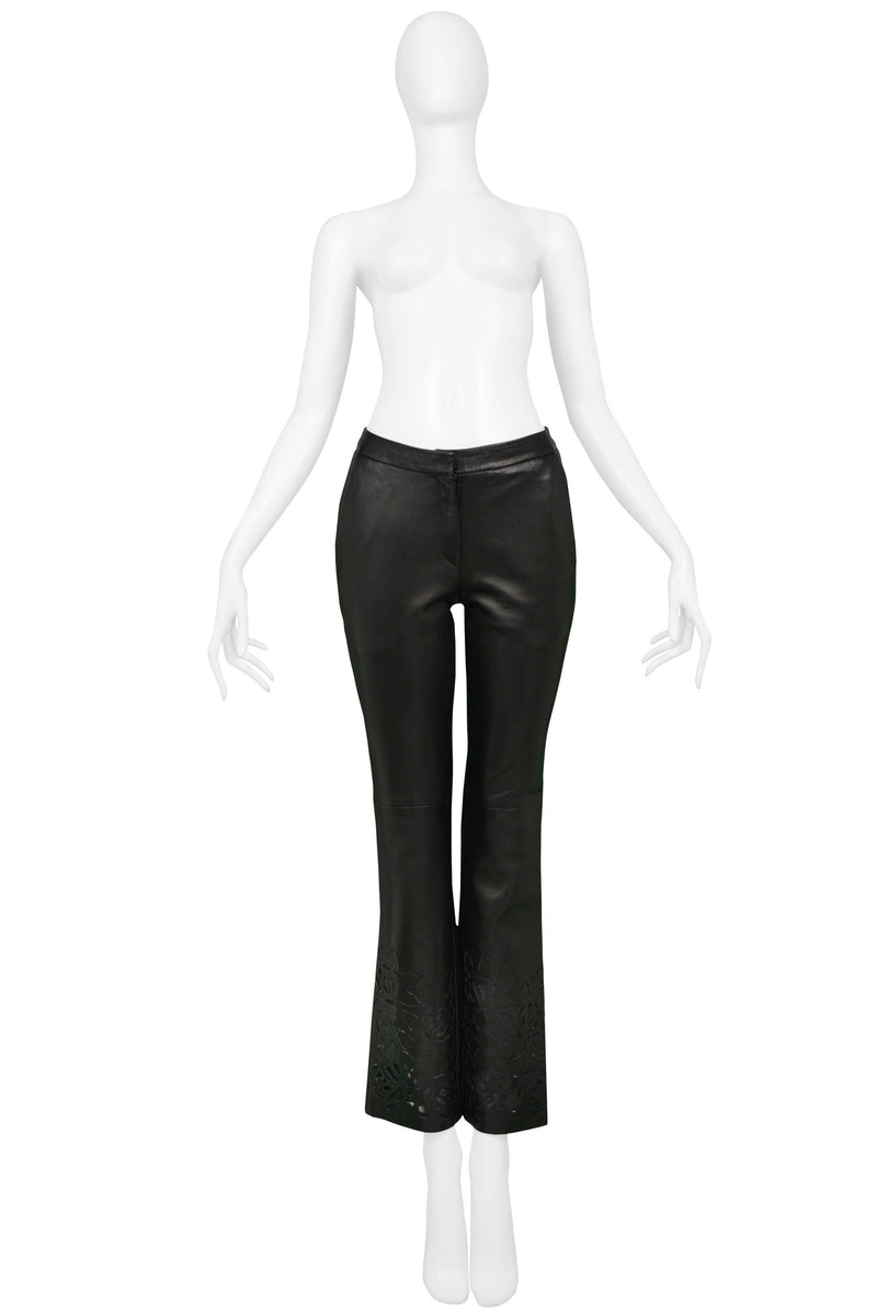 VERSACE BLACK LEATHER PANTS WITH FLORAL LASER CUTOUTS