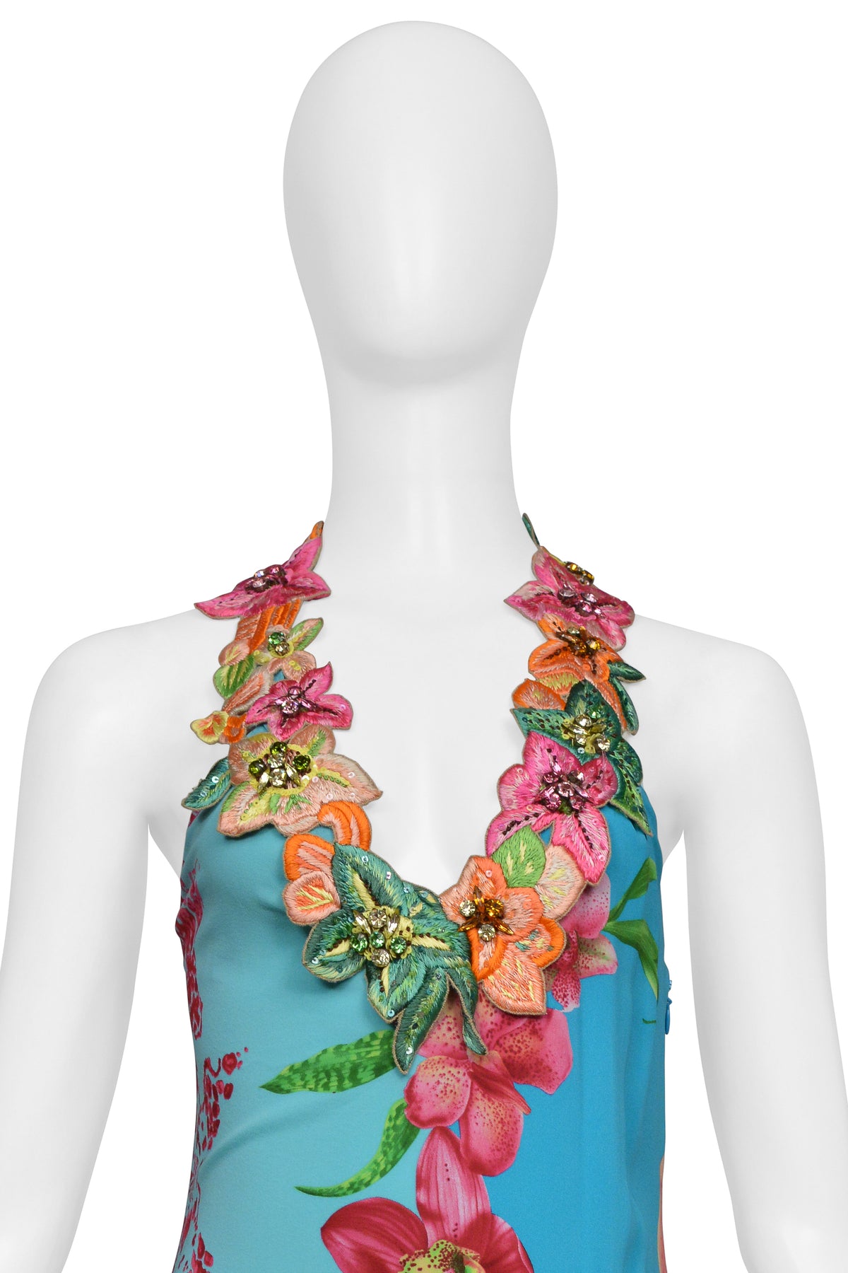 VERSACE BLUE FLORAL GOWN WITH BEADED APPLIQUES