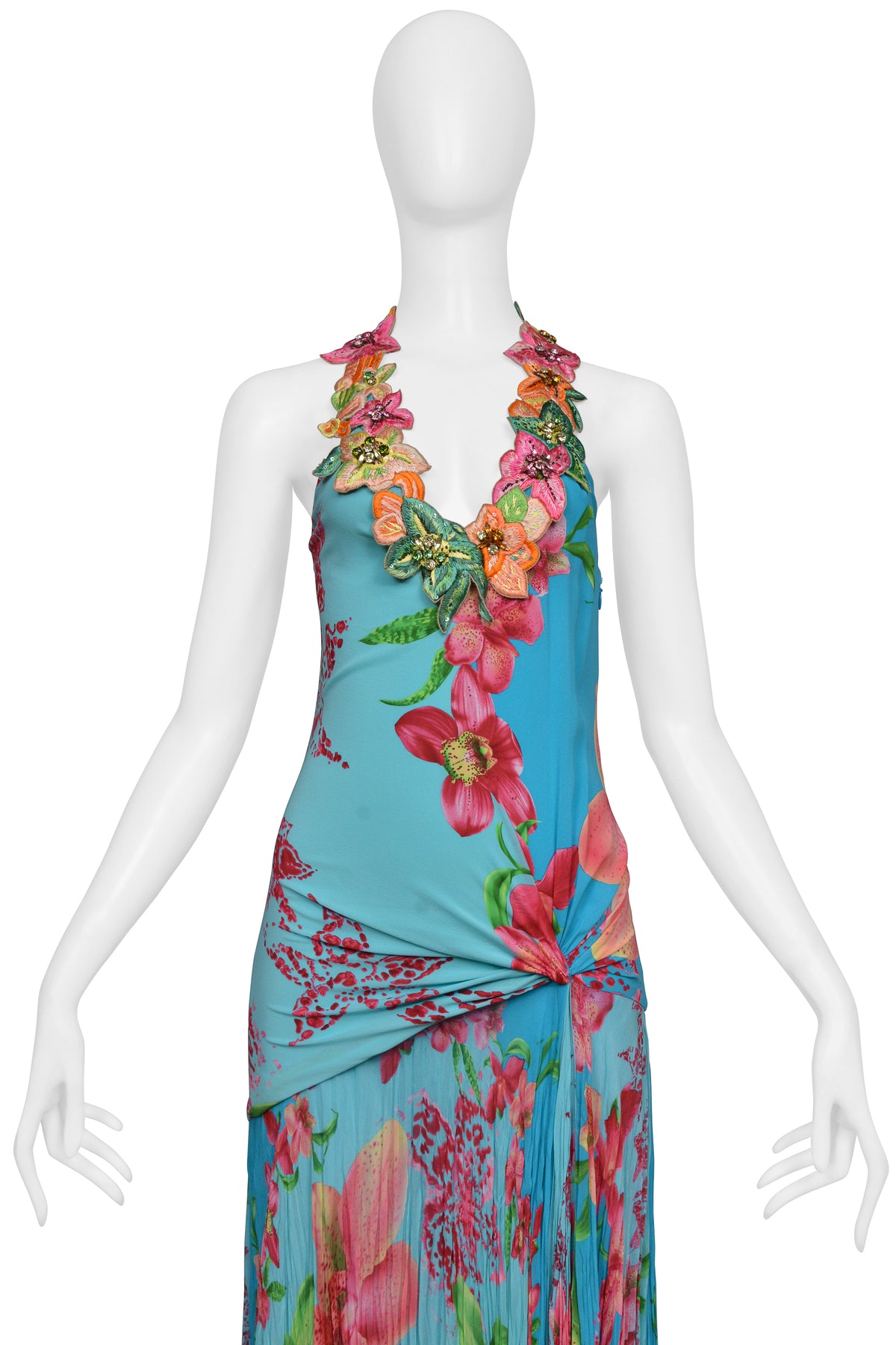 VERSACE BLUE FLORAL GOWN WITH BEADED APPLIQUES