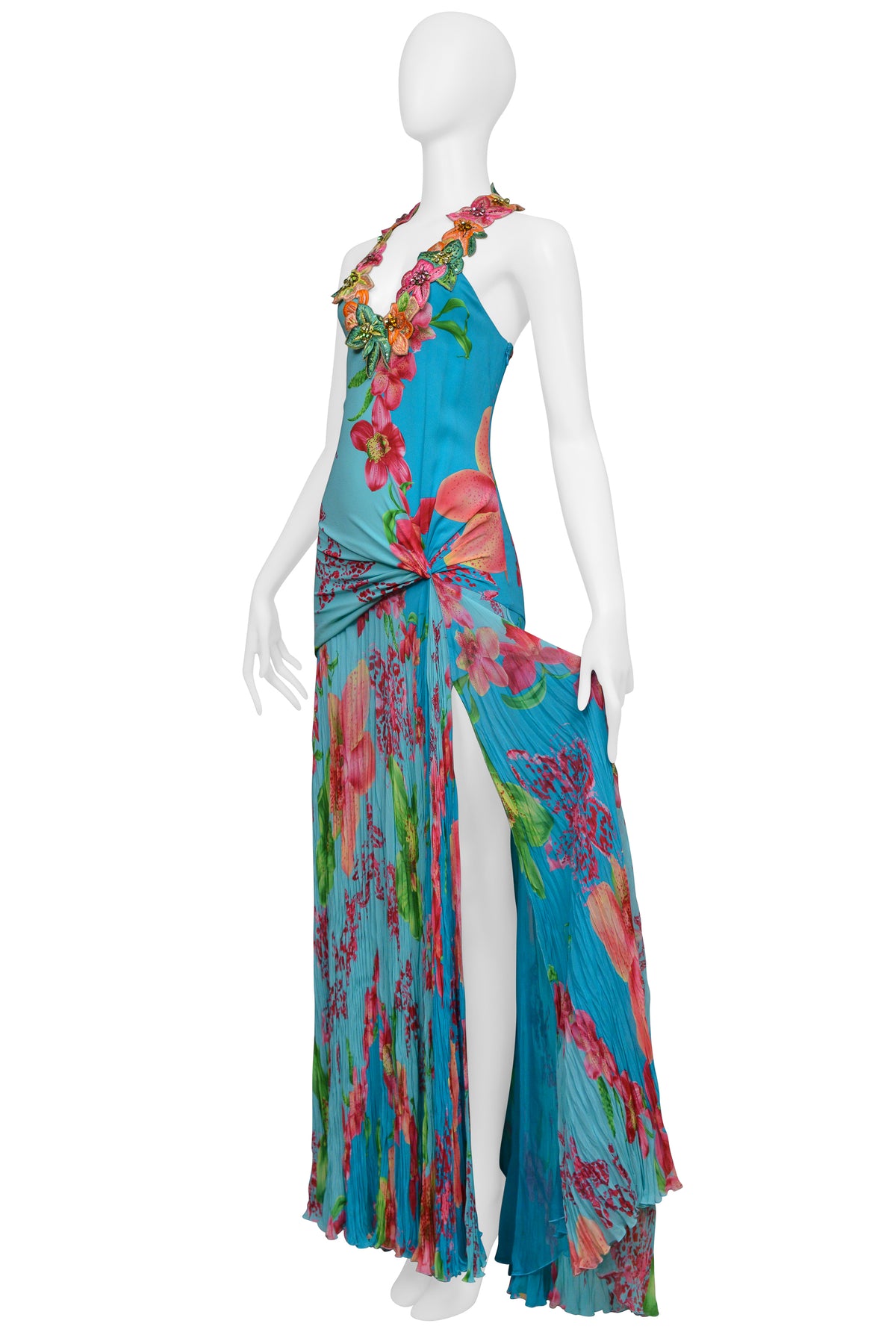 VERSACE BLUE FLORAL GOWN WITH BEADED APPLIQUES
