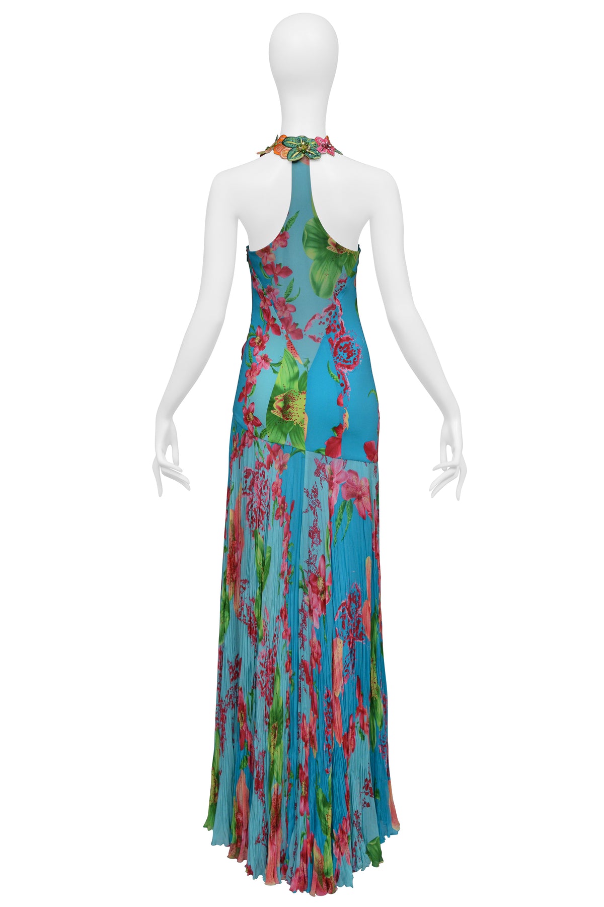 VERSACE BLUE FLORAL GOWN WITH BEADED APPLIQUES