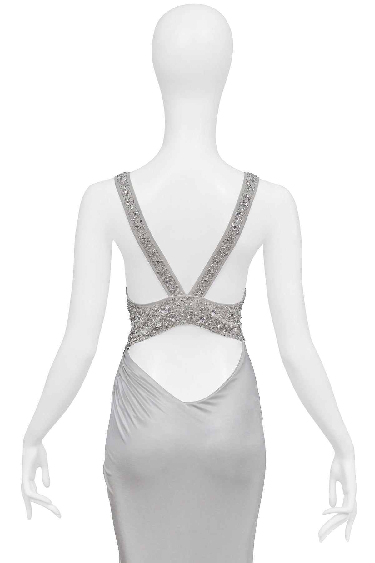 VERSACE SILVER GOWN WITH RHINESTONE BEADING AT STRAPS 2006