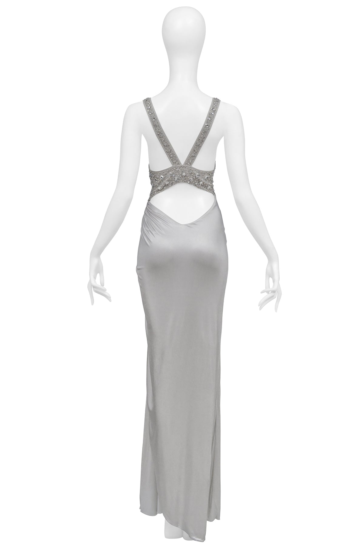 VERSACE SILVER GOWN WITH RHINESTONE BEADING AT STRAPS 2006