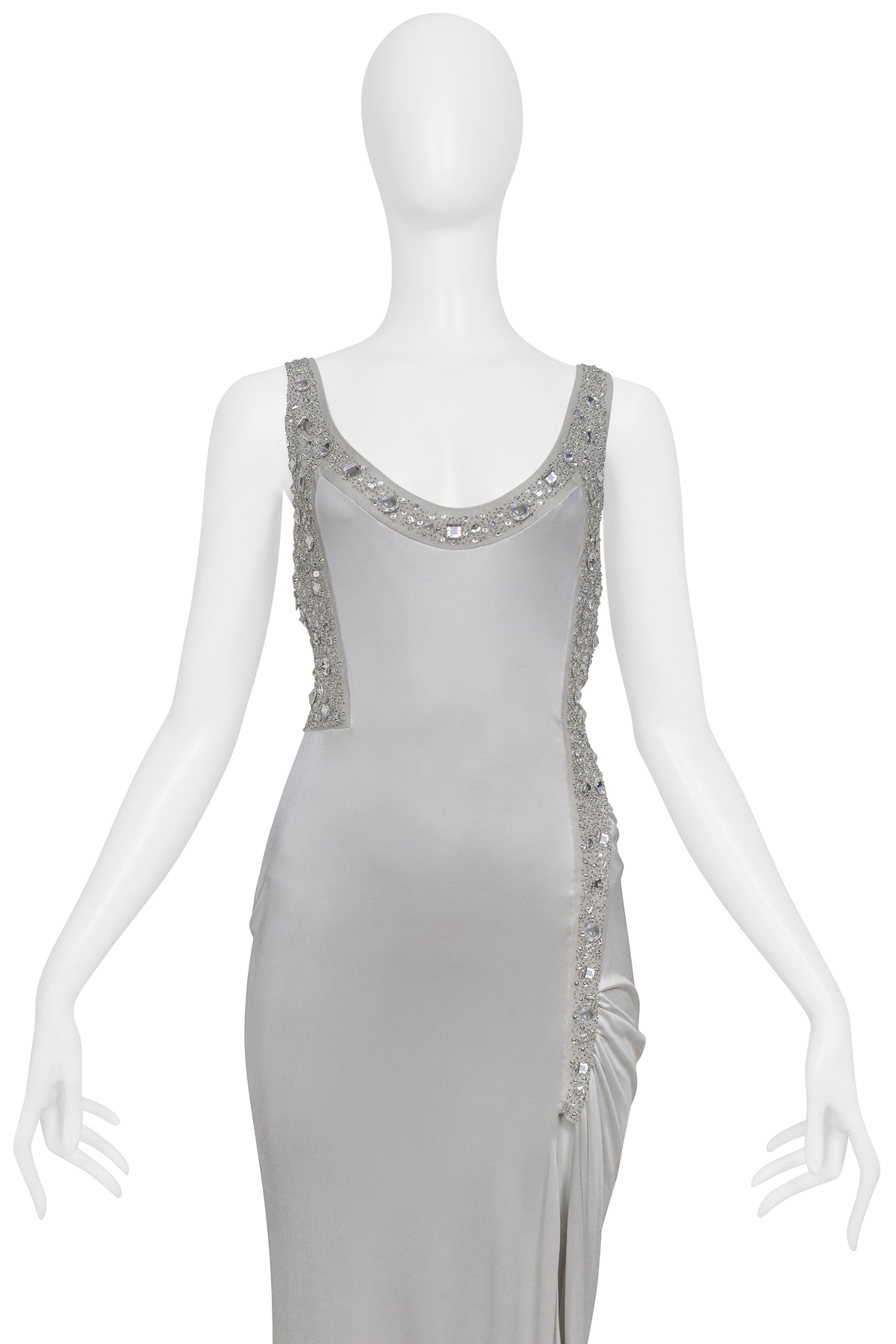 VERSACE SILVER GOWN WITH RHINESTONE BEADING AT STRAPS 2006