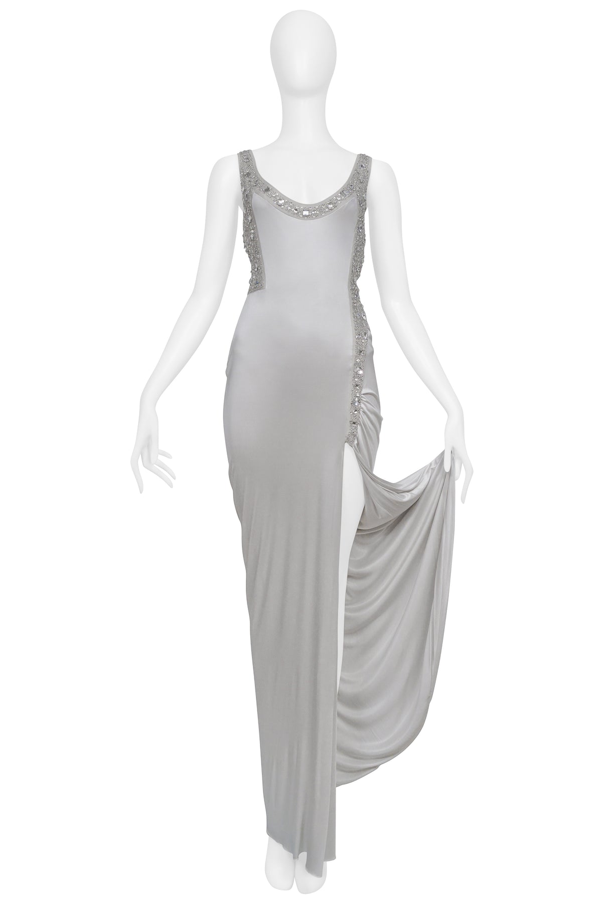 VERSACE SILVER GOWN WITH RHINESTONE BEADING AT STRAPS 2006