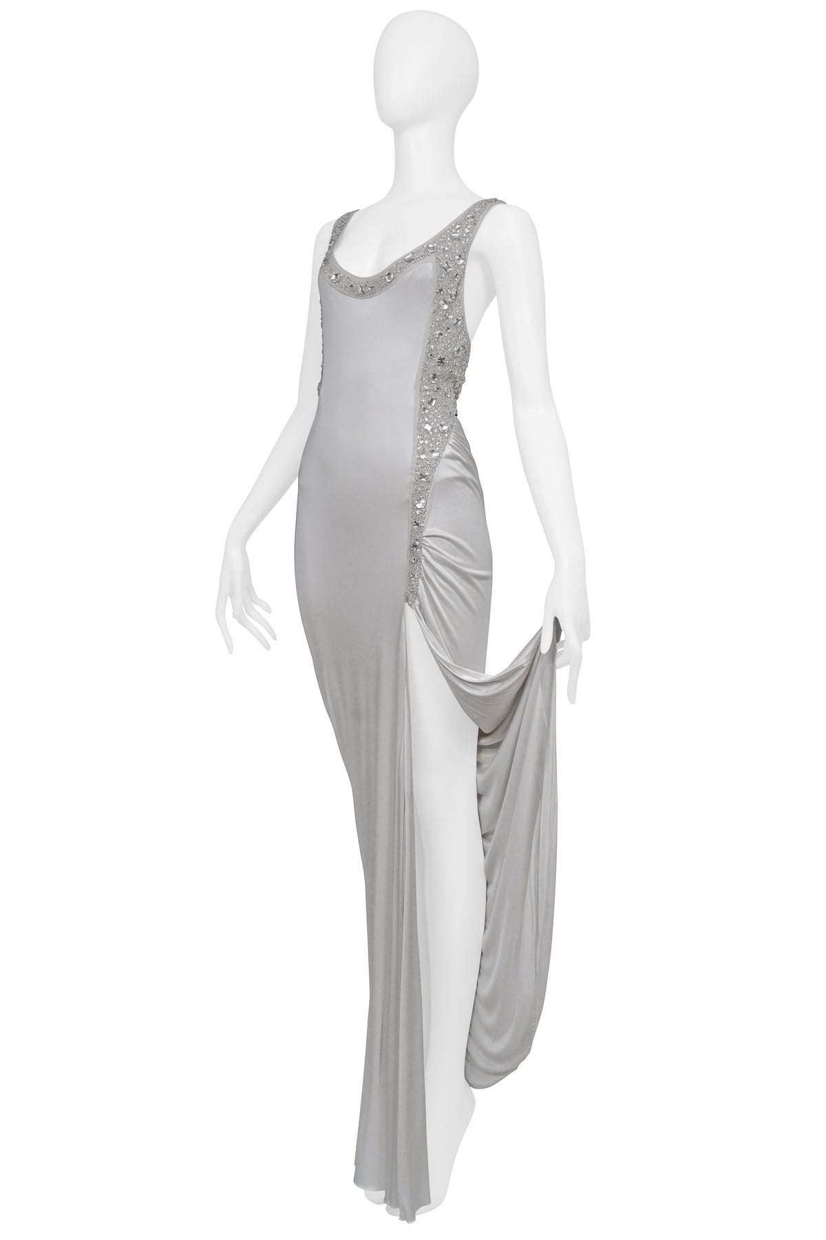 VERSACE SILVER GOWN WITH RHINESTONE BEADING AT STRAPS 2006