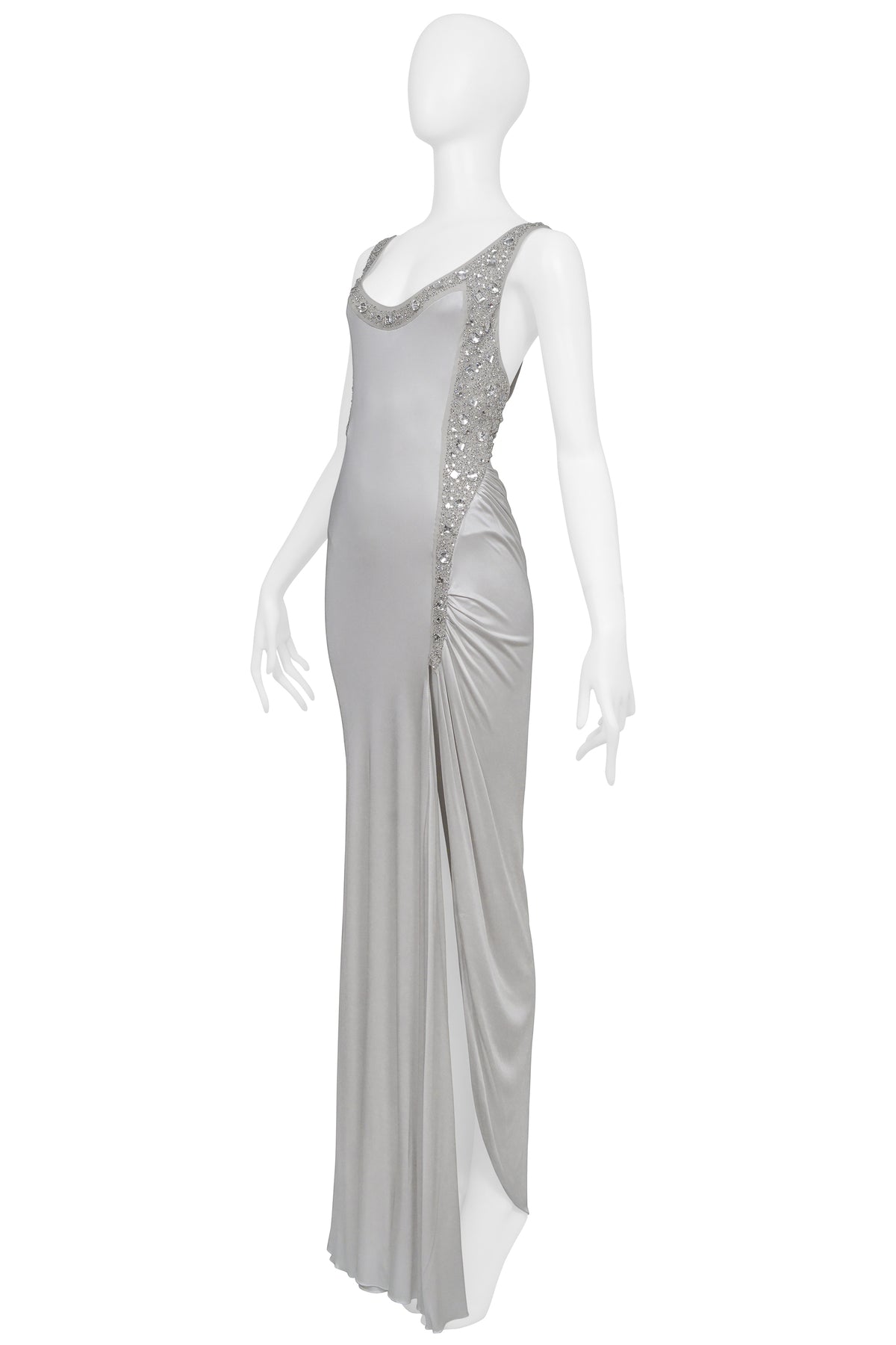 VERSACE SILVER GOWN WITH RHINESTONE BEADING AT STRAPS 2006