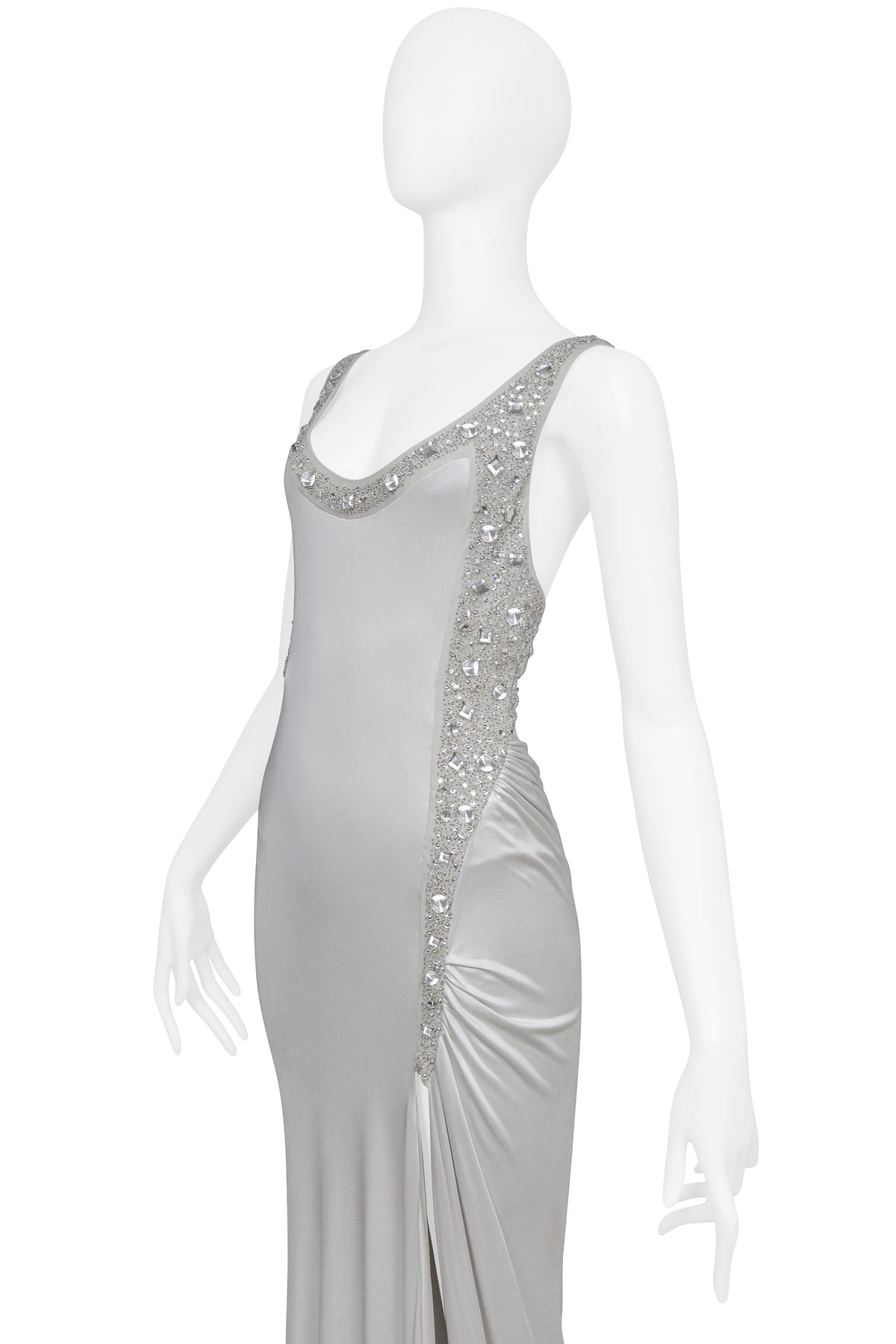 VERSACE SILVER GOWN WITH RHINESTONE BEADING AT STRAPS 2006