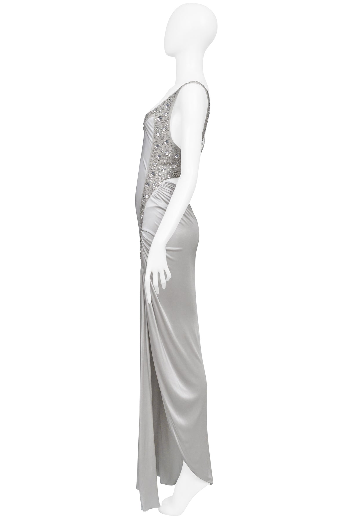 VERSACE SILVER GOWN WITH RHINESTONE BEADING AT STRAPS 2006