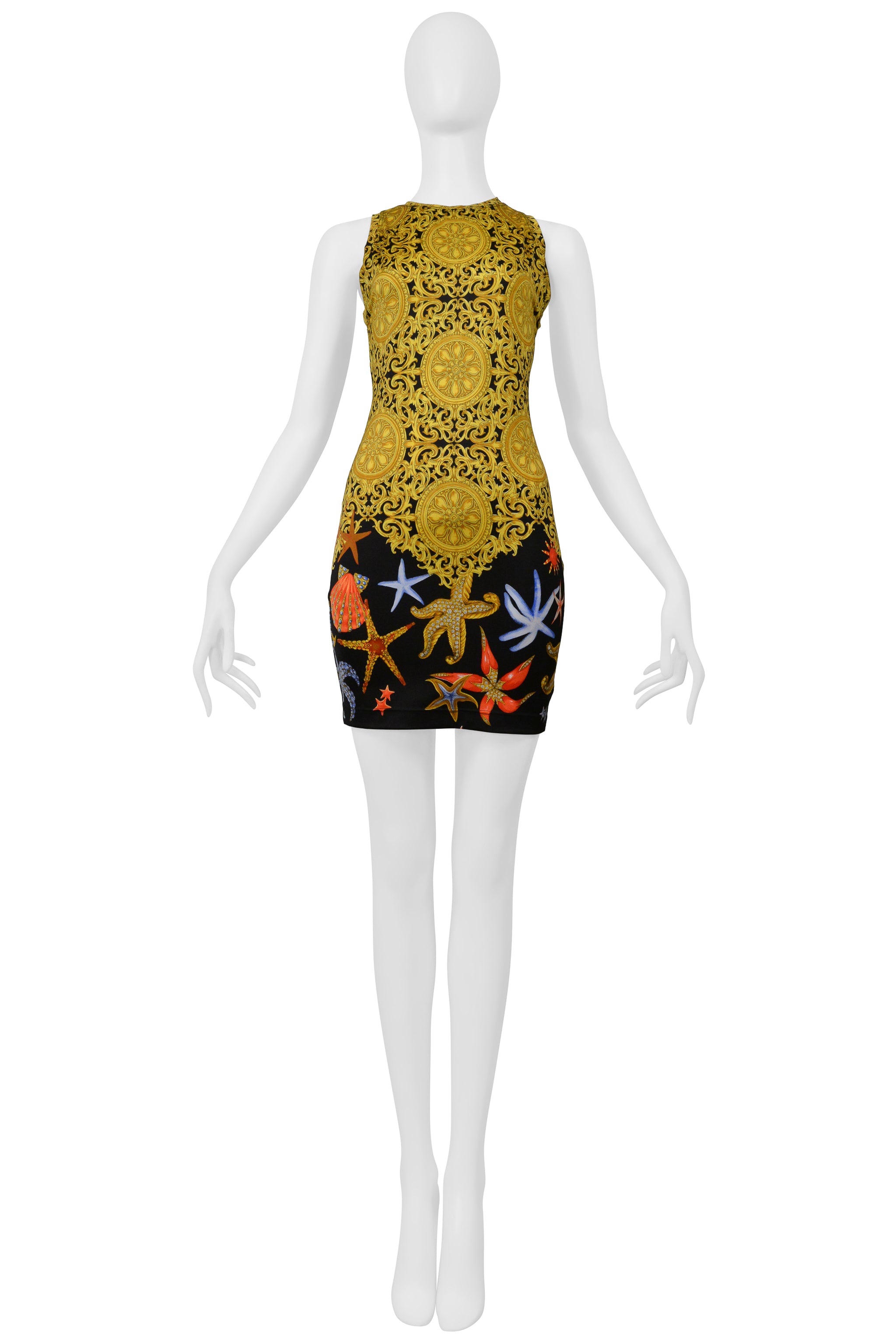 VERSACE GOLD BAROQUE & SEASHELL PRINT MINI DRESS