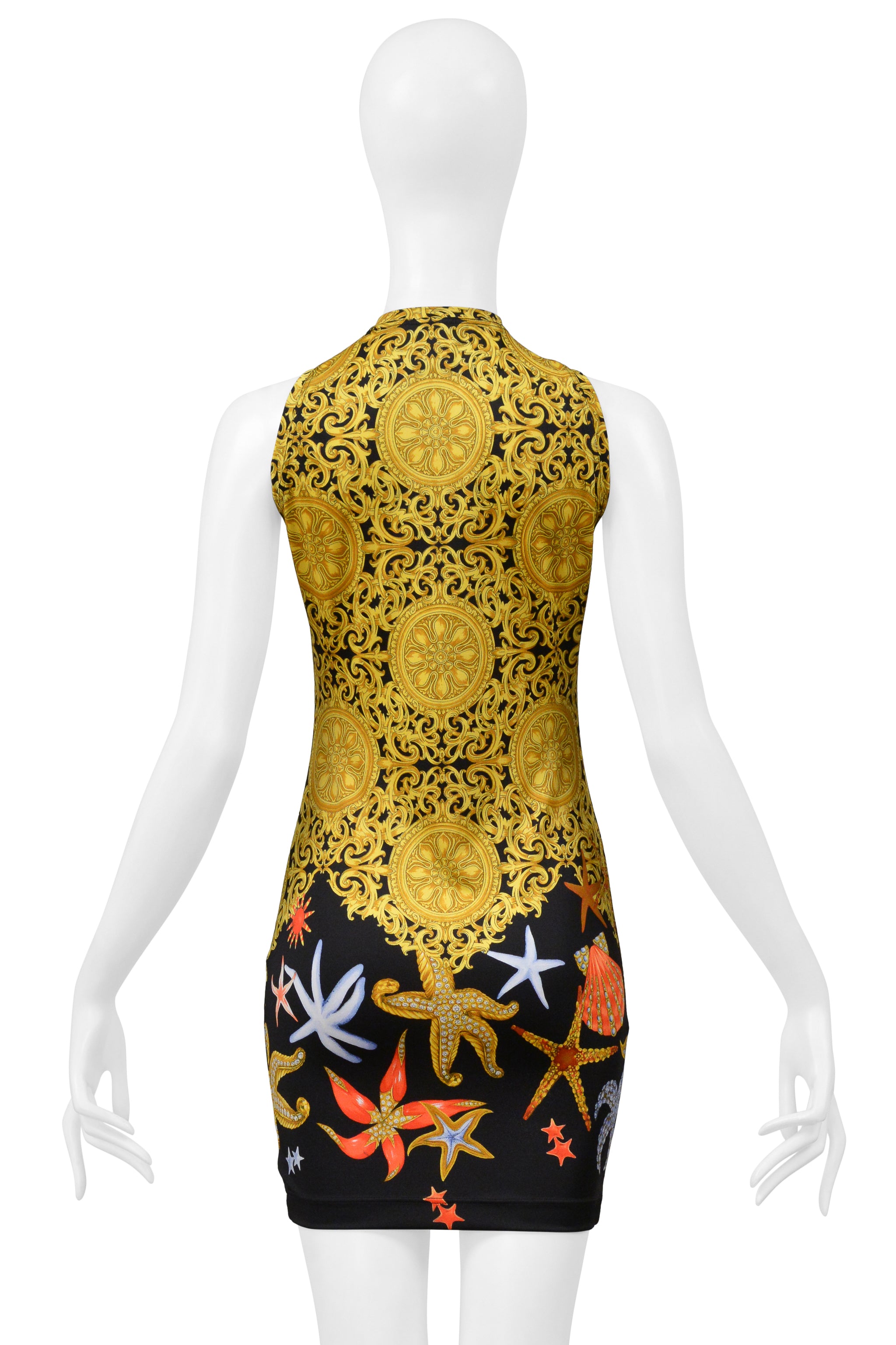 VERSACE GOLD BAROQUE & SEASHELL PRINT MINI DRESS
