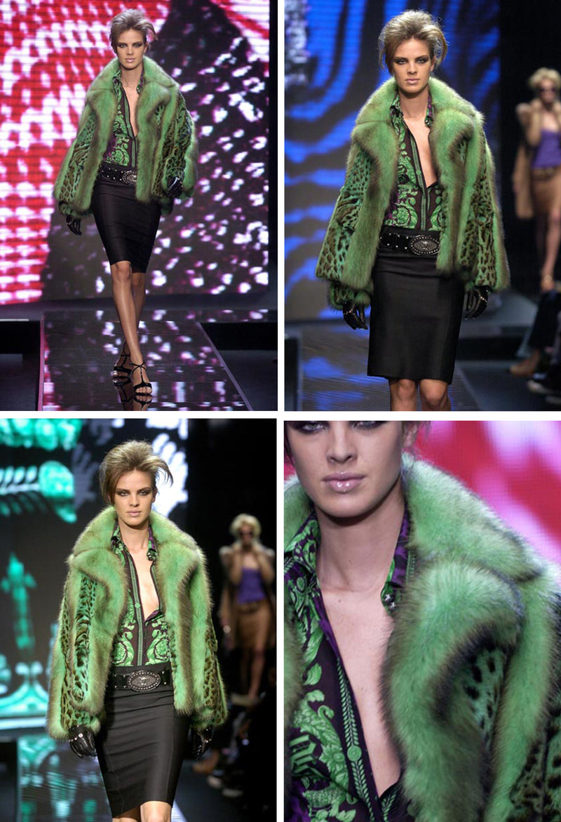 VERSACE GREEN FOX FUR AND LEOPARD PRINT COAT 2004