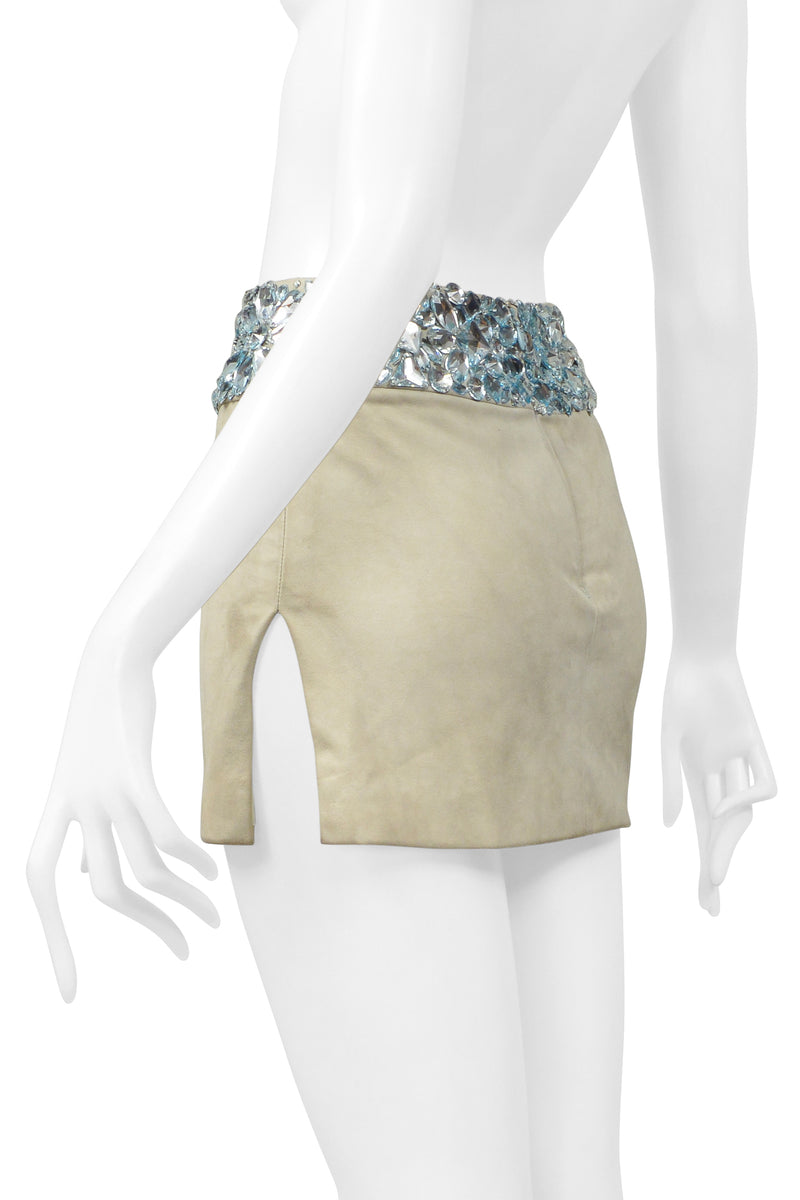 ATELIER VERSACE MINT GREEN SUEDE MINI SKIRT WITH GIANT GEMS AND SLIT