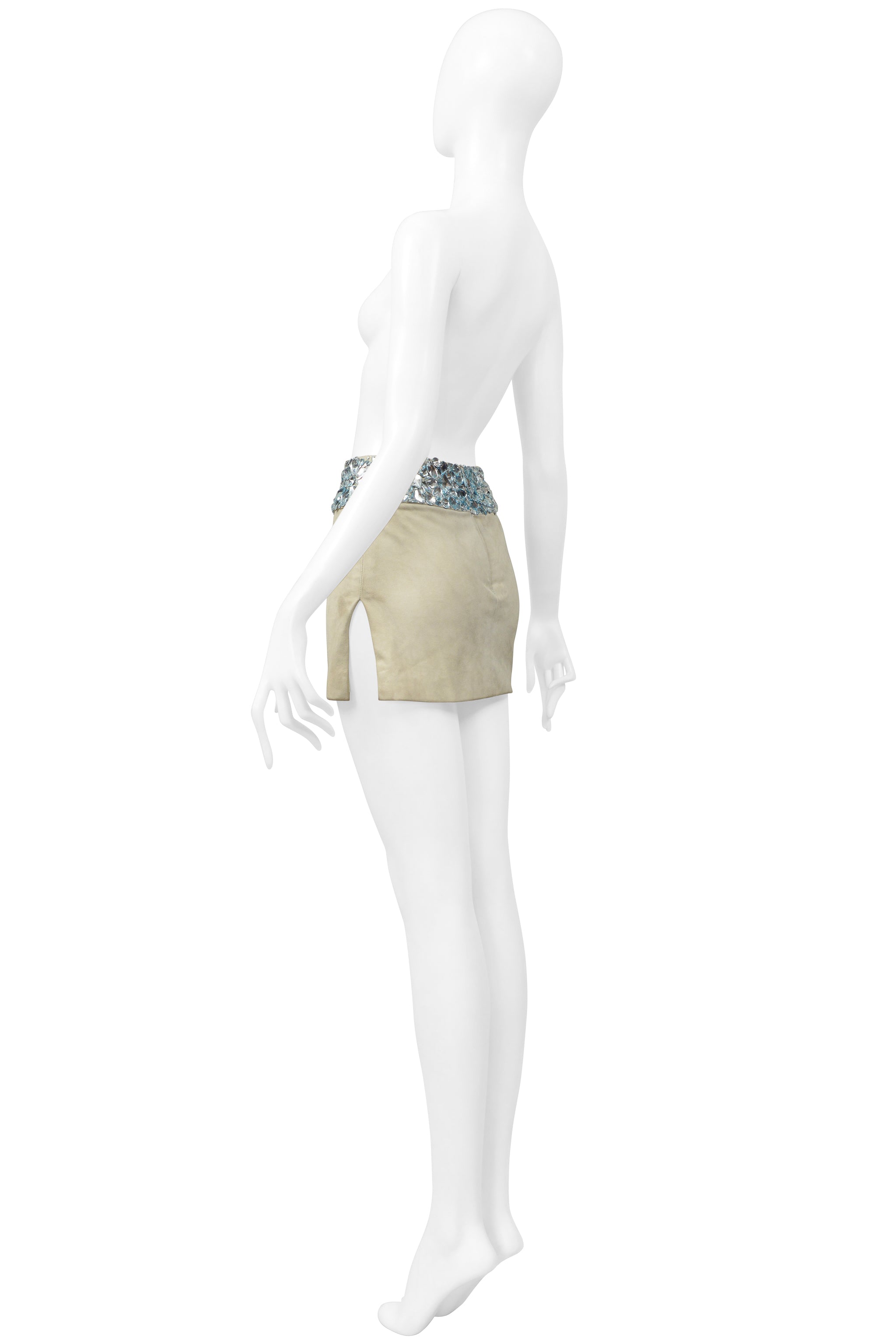 ATELIER VERSACE MINT GREEN SUEDE MINI SKIRT WITH GIANT GEMS AND SLIT