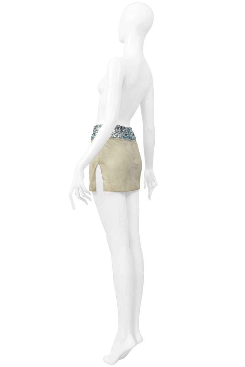 ATELIER VERSACE MINT GREEN SUEDE MINI SKIRT WITH GIANT GEMS AND SLIT