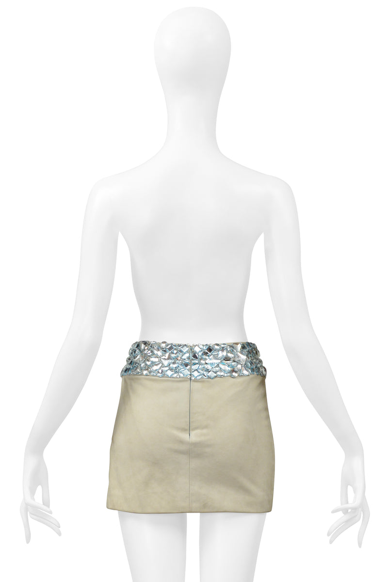 ATELIER VERSACE MINT GREEN SUEDE MINI SKIRT WITH GIANT GEMS AND SLIT