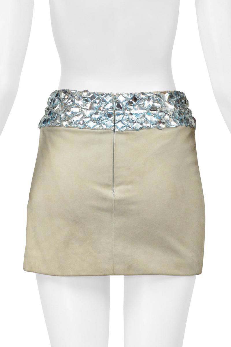 ATELIER VERSACE MINT GREEN SUEDE MINI SKIRT WITH GIANT GEMS AND SLIT