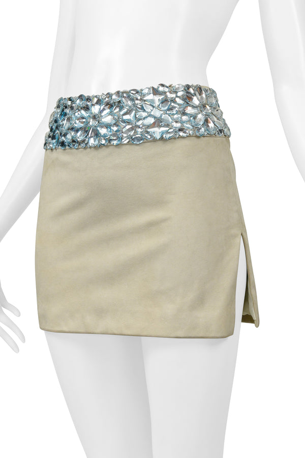 ATELIER VERSACE MINT GREEN SUEDE MINI SKIRT WITH GIANT GEMS AND SLIT