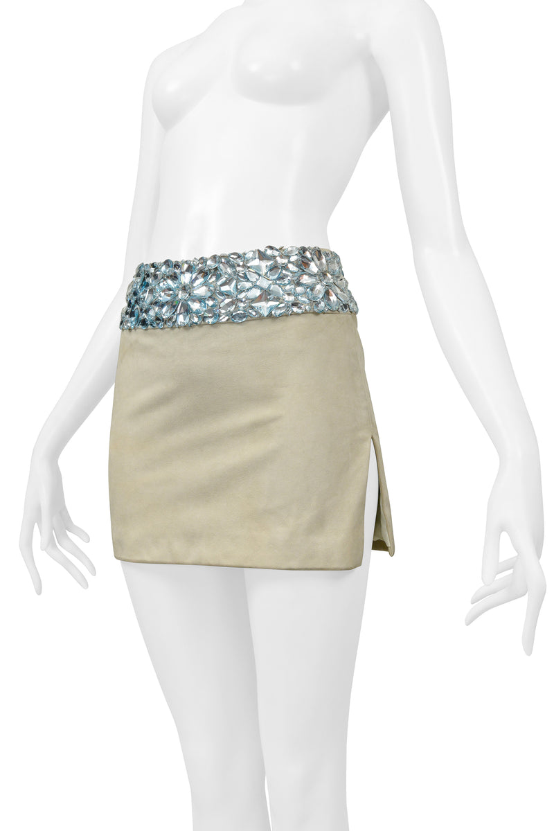 ATELIER VERSACE MINT GREEN SUEDE MINI SKIRT WITH GIANT GEMS AND SLIT