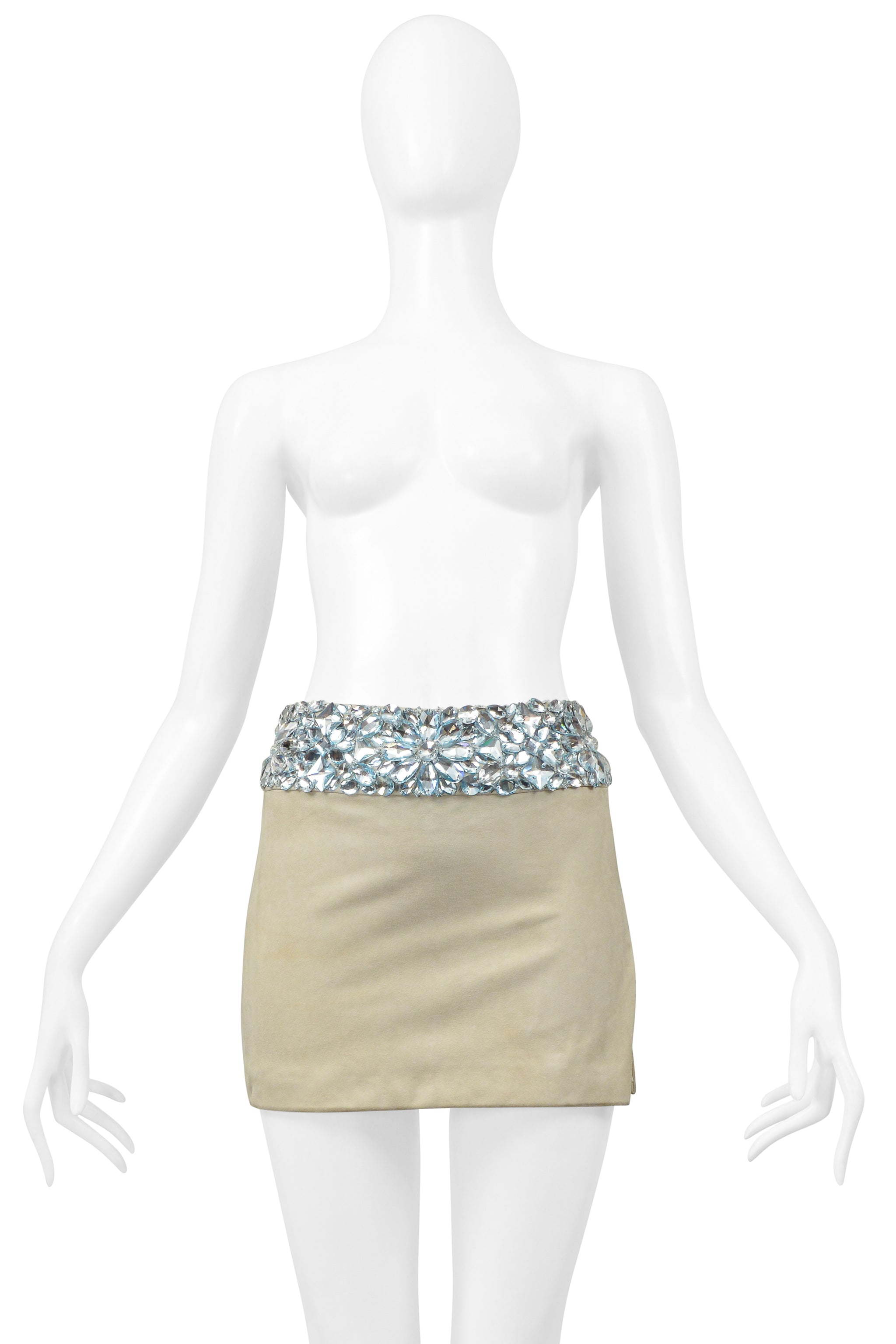ATELIER VERSACE MINT GREEN SUEDE MINI SKIRT WITH GIANT GEMS AND SLIT