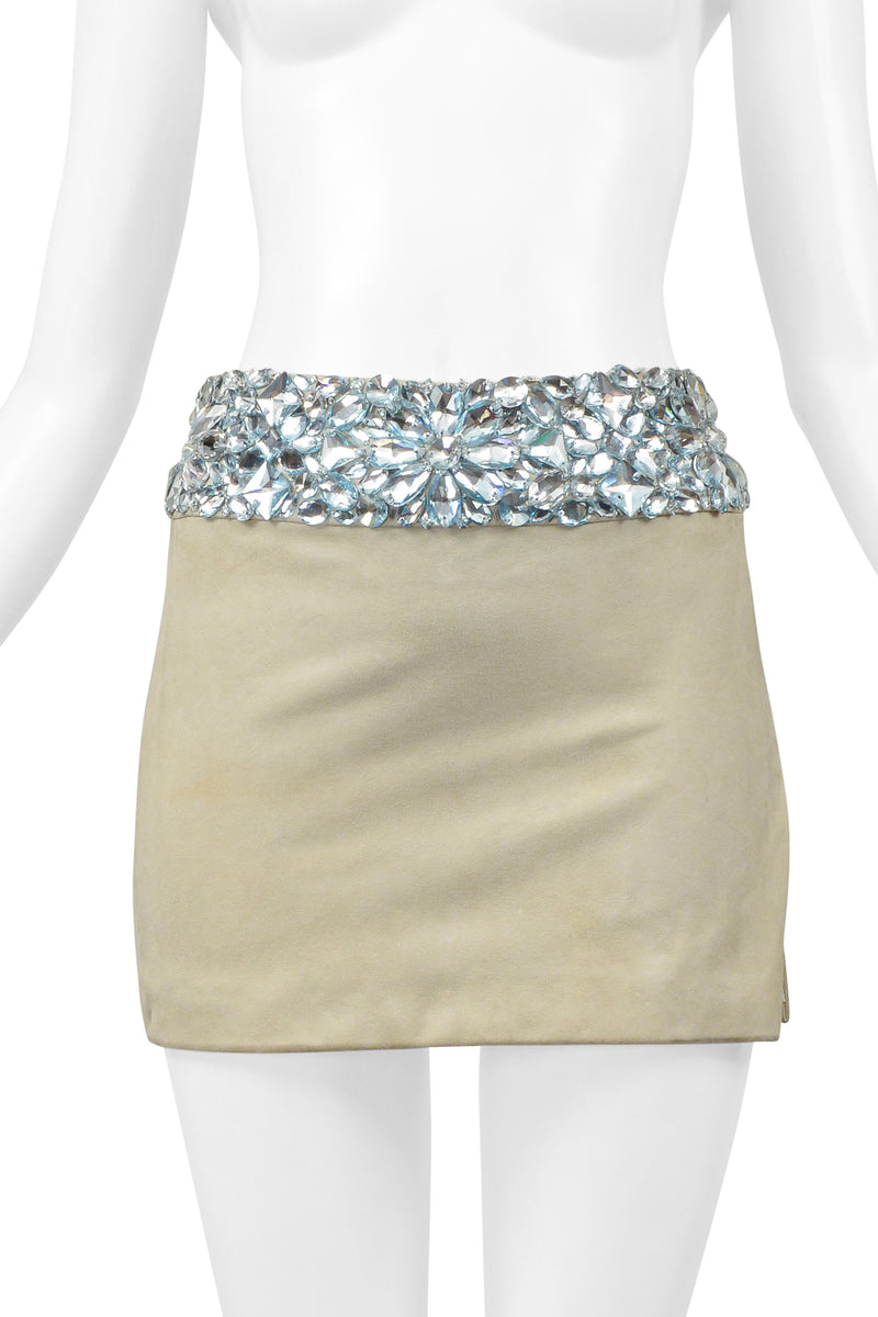 ATELIER VERSACE MINT GREEN SUEDE MINI SKIRT WITH GIANT GEMS AND SLIT