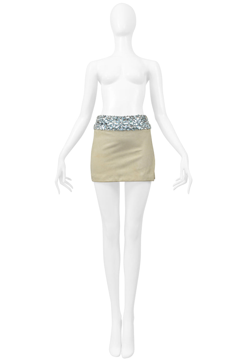 ATELIER VERSACE MINT GREEN SUEDE MINI SKIRT WITH GIANT GEMS AND SLIT