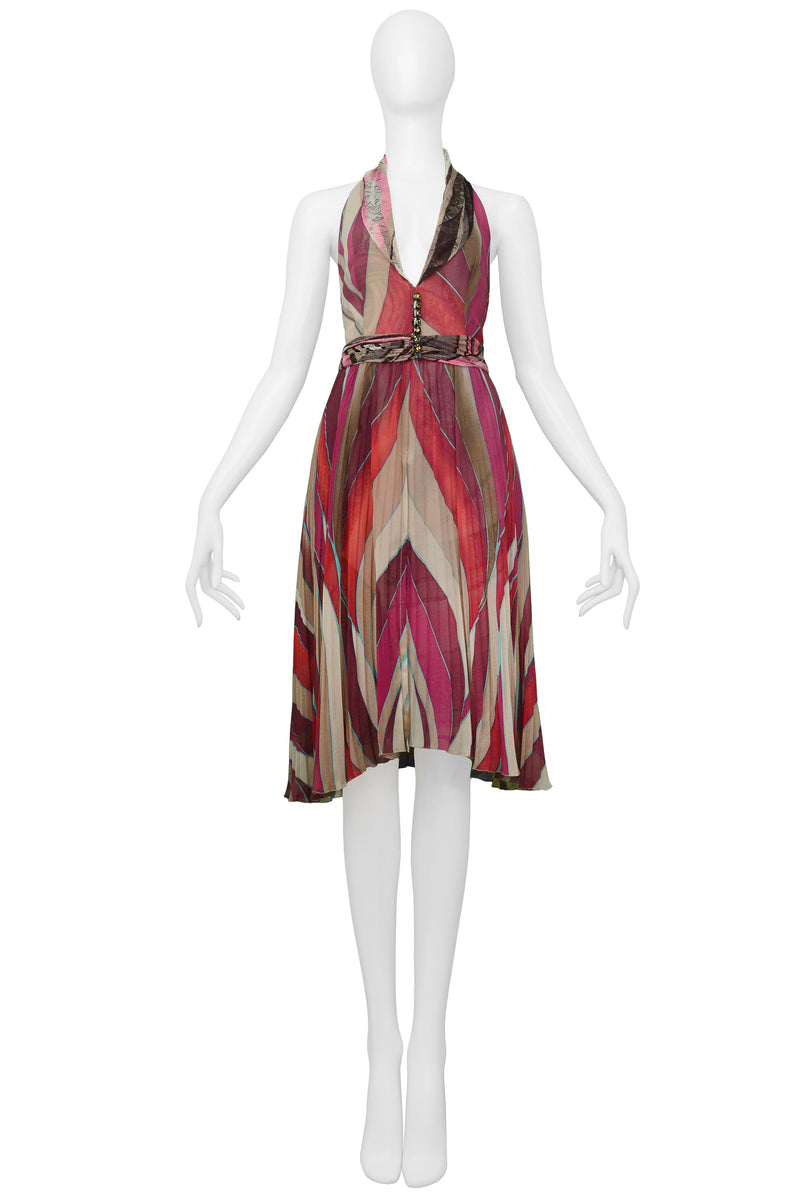 VERSACE PINK ABSTRACT PRINT HALTER DRESS WITH LACE PANELS 2000