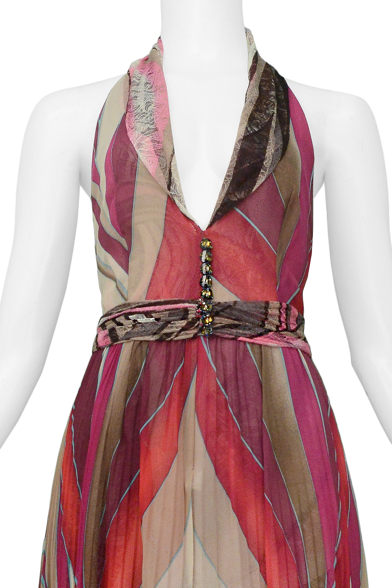 VERSACE PINK ABSTRACT PRINT HALTER DRESS WITH LACE PANELS 2000