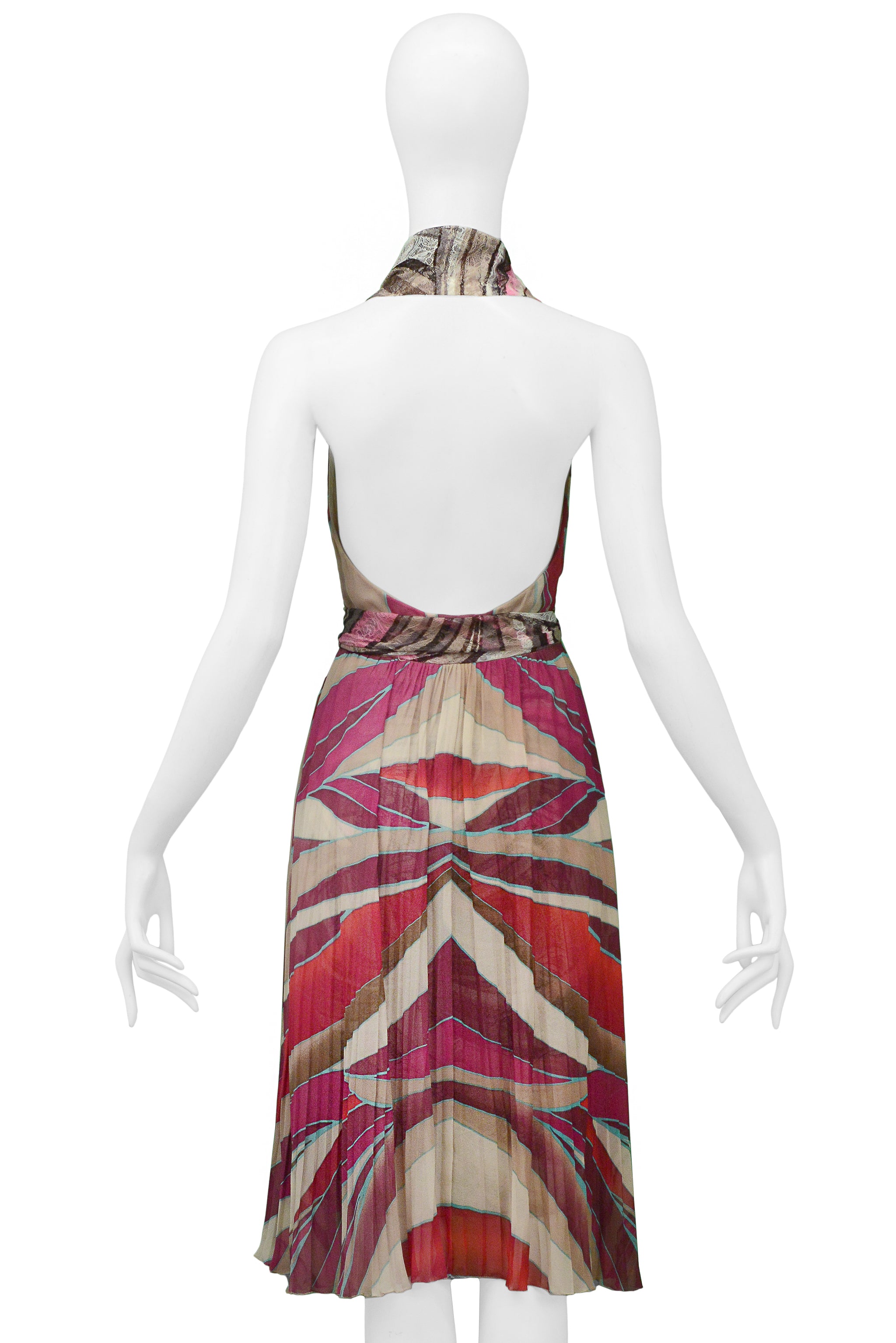 VERSACE PINK ABSTRACT PRINT HALTER DRESS WITH LACE PANELS 2000