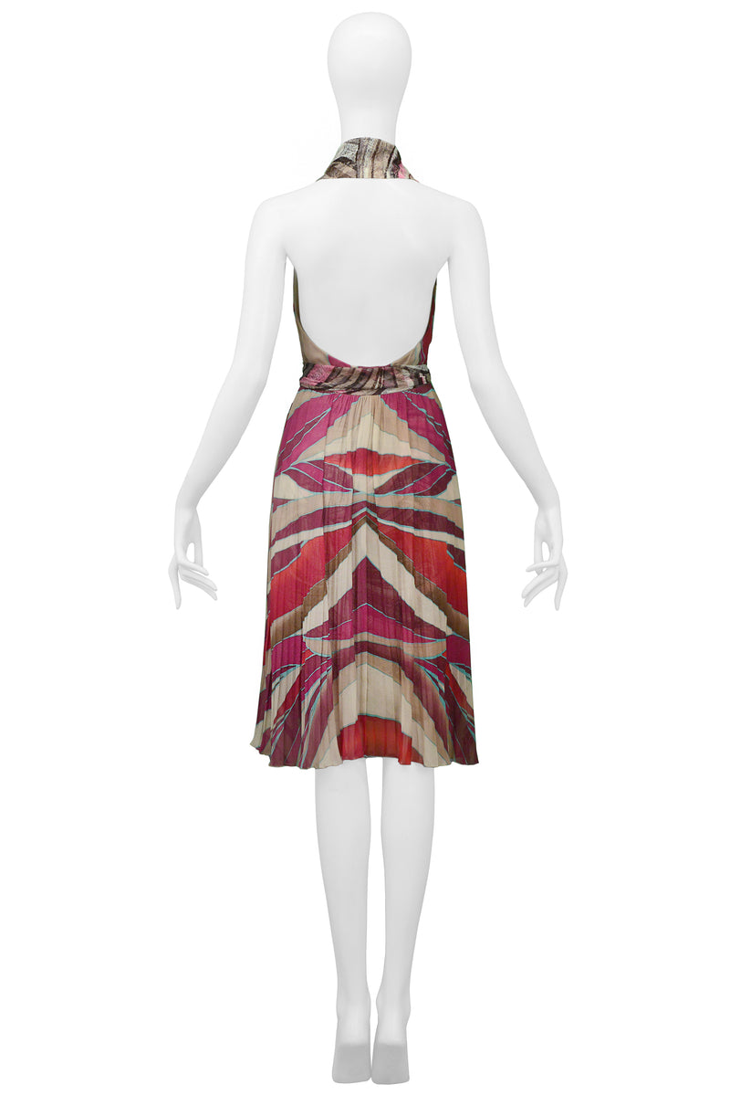 VERSACE PINK ABSTRACT PRINT HALTER DRESS WITH LACE PANELS 2000