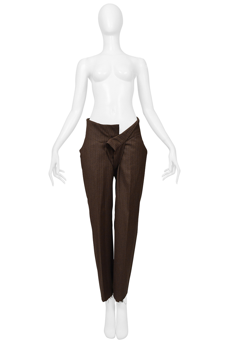 VIVIENNE WESTWOOD & MALCOLM MCLAREN WORLD'S END MENS BROWN STRIPED ASYMMETRICAL "SHARK" PANTS AW PIRATE COLLECTION 1981-82